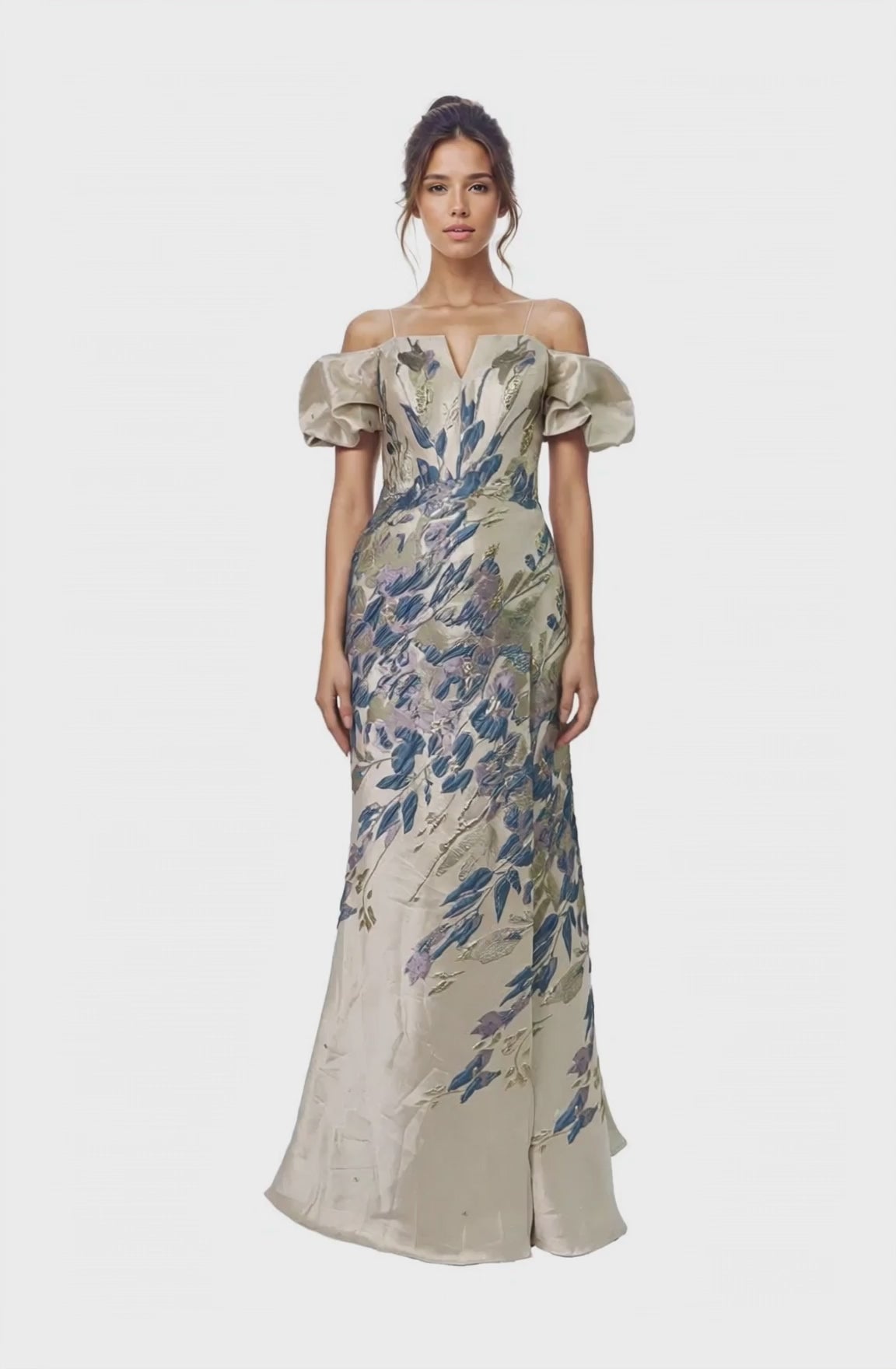 Off The Shoulder Puff Sleeve Fit And Flare Gown Gown Rene Ruiz Collection