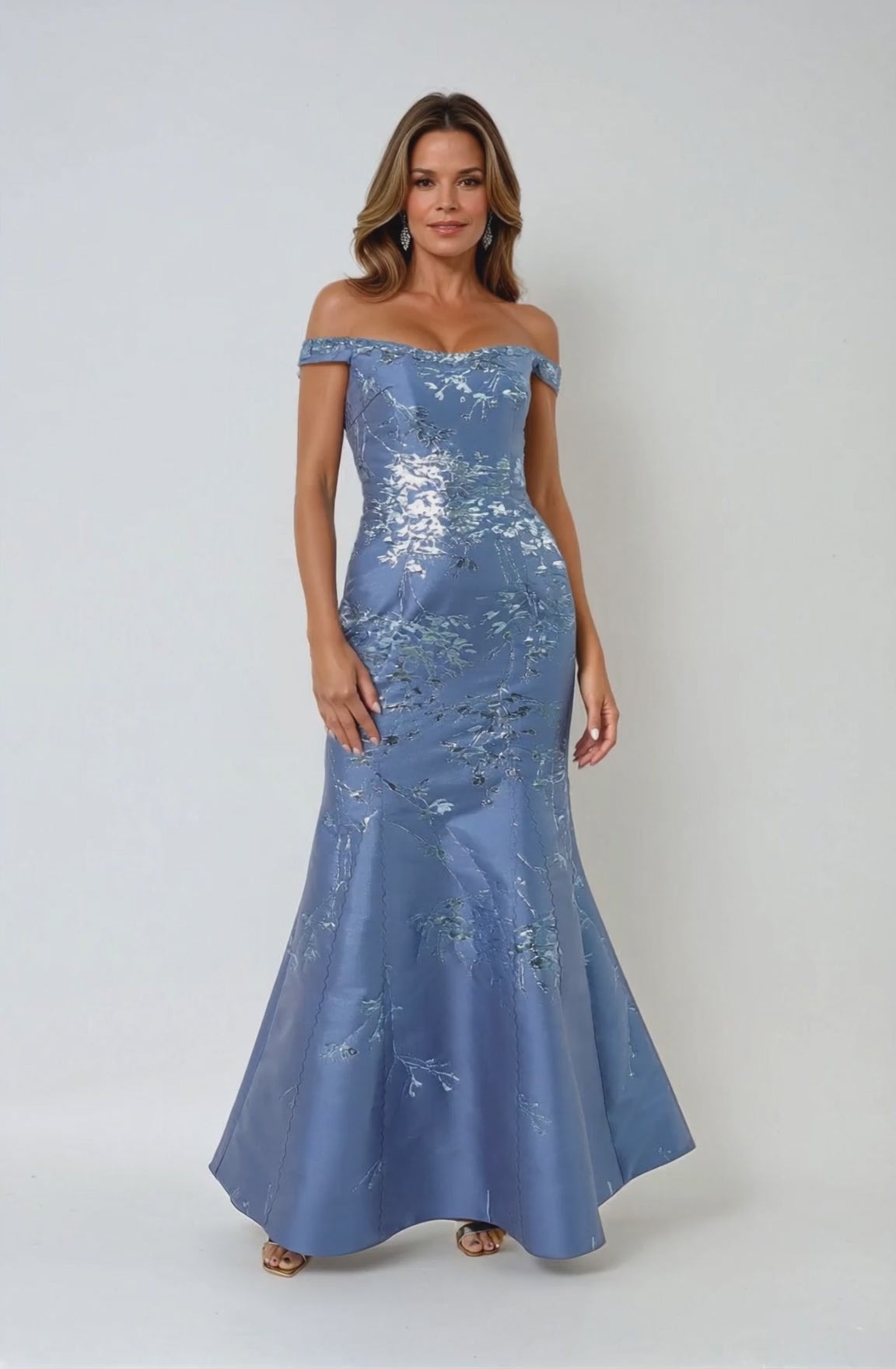 Off The Shoulder Brocade Fit And Flare Gown Gown Rene Ruiz Collection