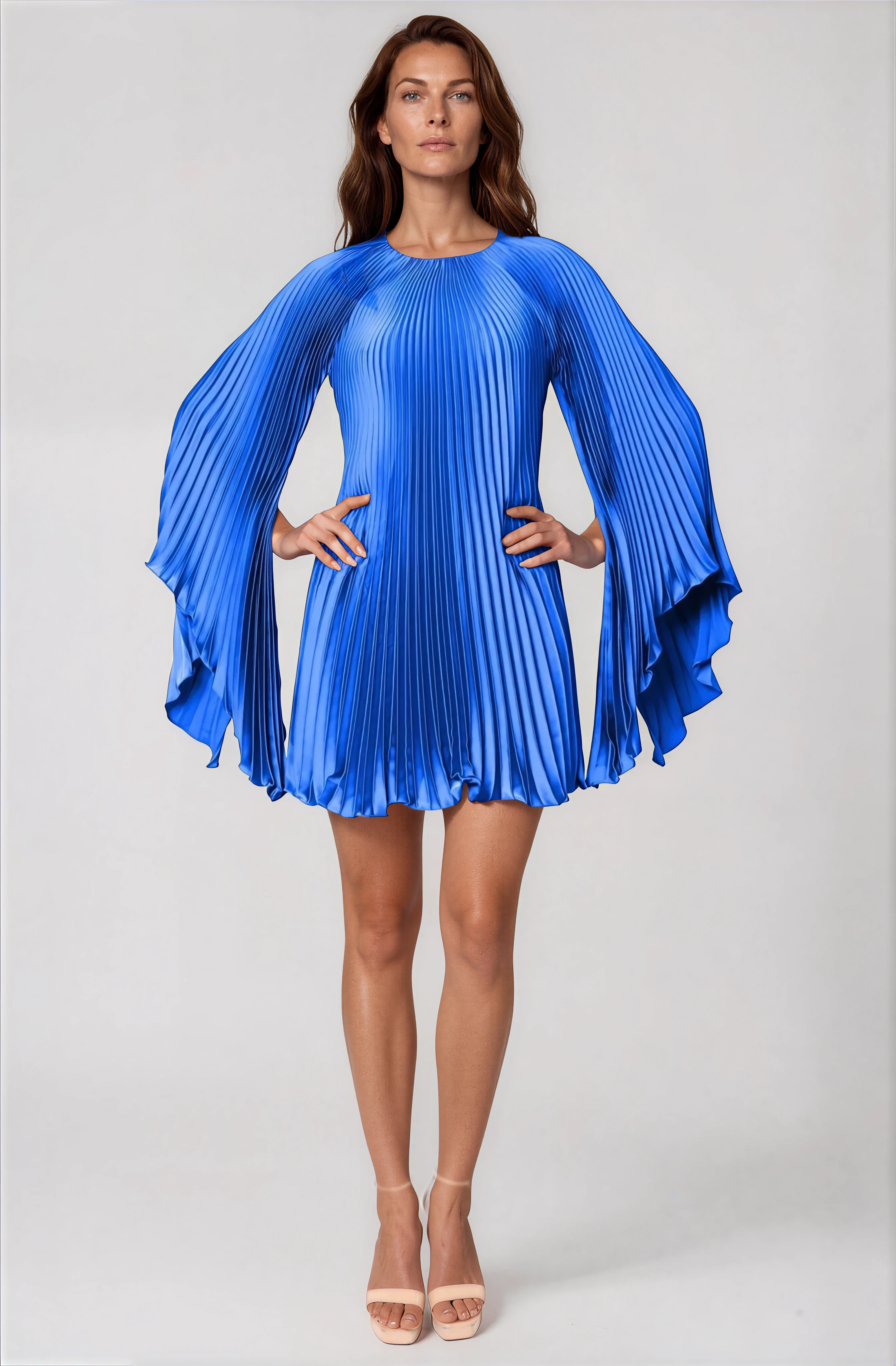 Long Sleeve Pleated Charmeuse Cocktail Cocktail Rene Ruiz Collection