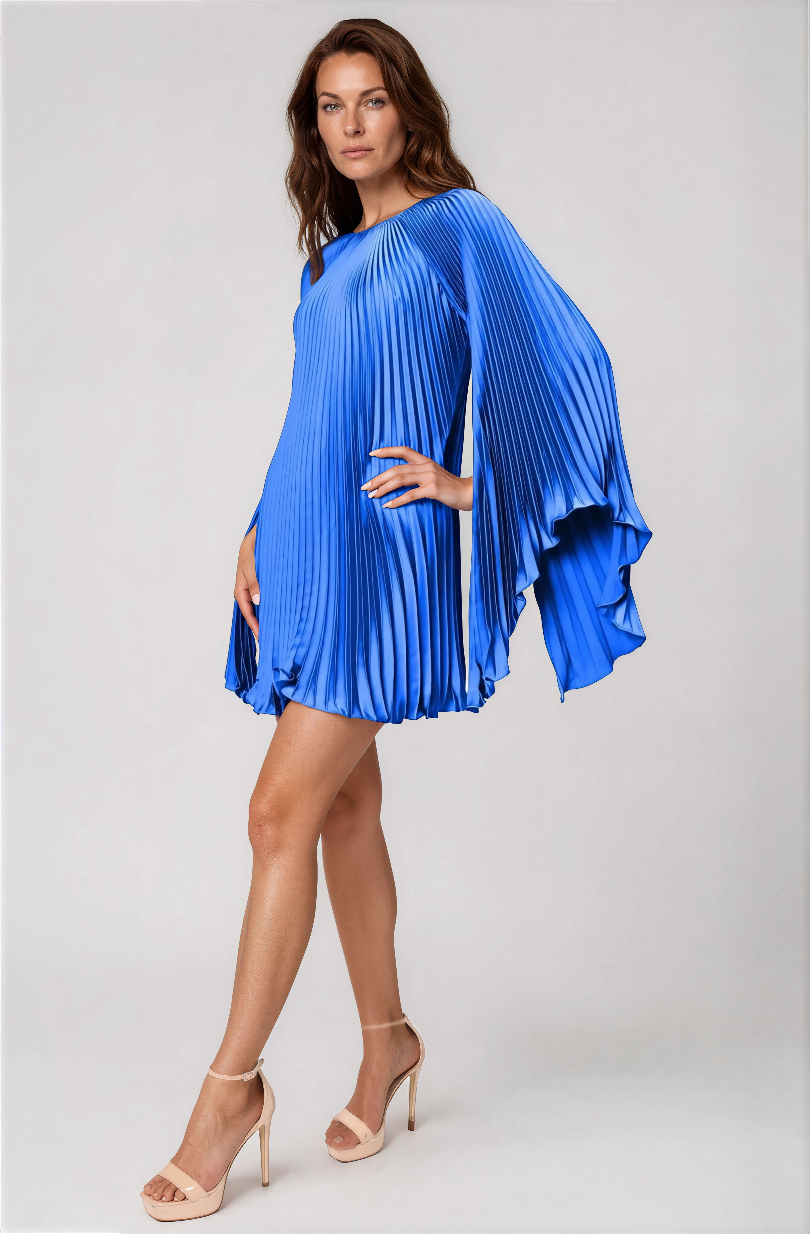 Long Sleeve Pleated Charmeuse Cocktail Cocktail Rene Ruiz Collection