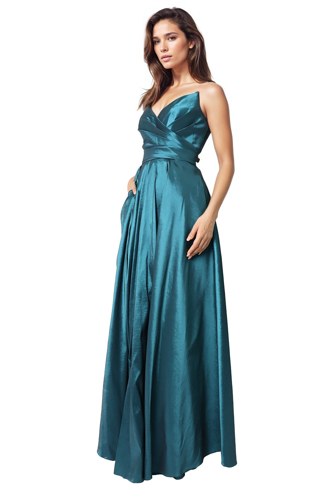 Strapless A-Line Taffeta Gown With Pockets and Slit