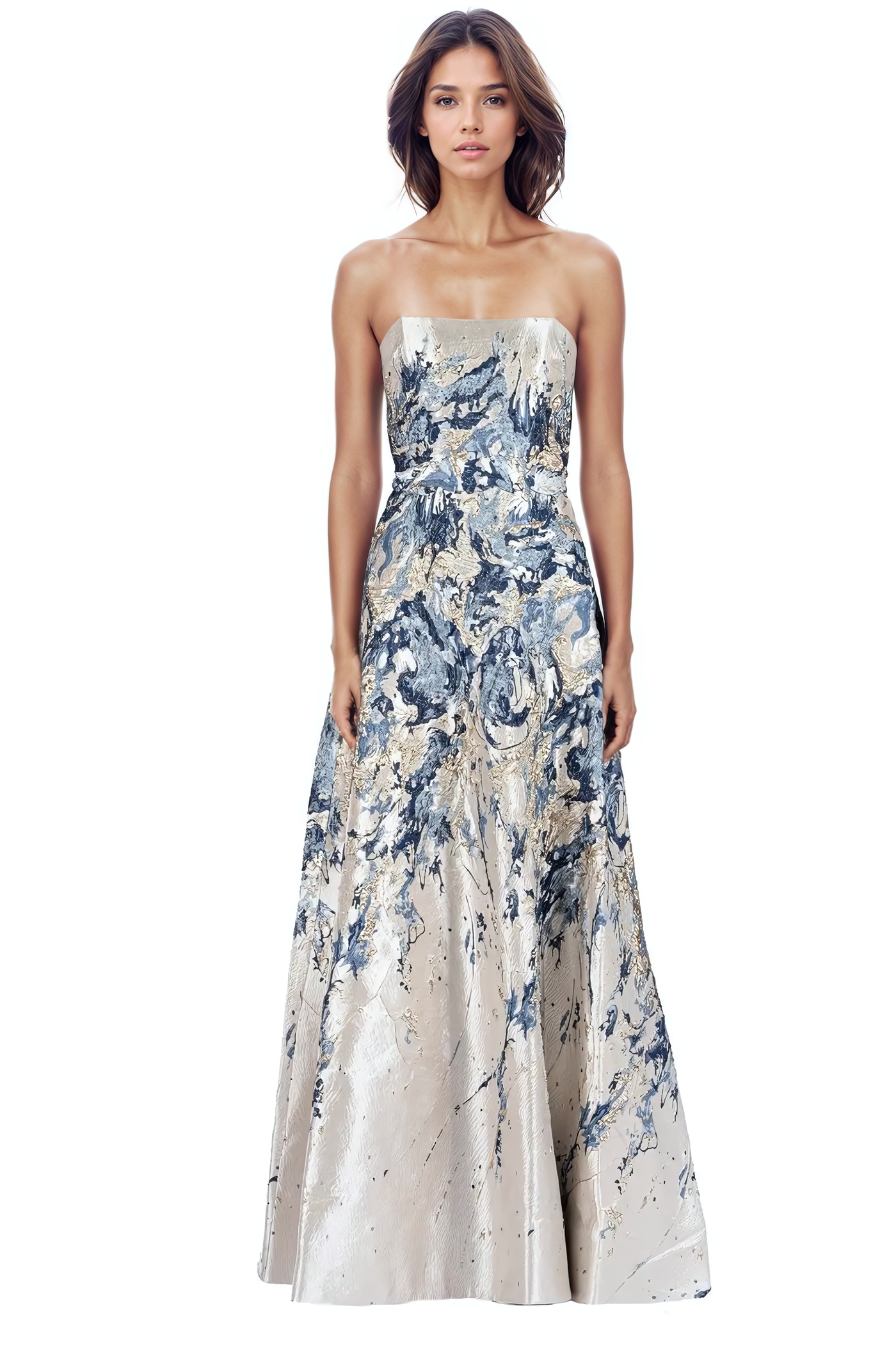 Blue & White Floral Brocade Strapless A Line Prom Dress with Cutout & High Slit SH780 main image 0