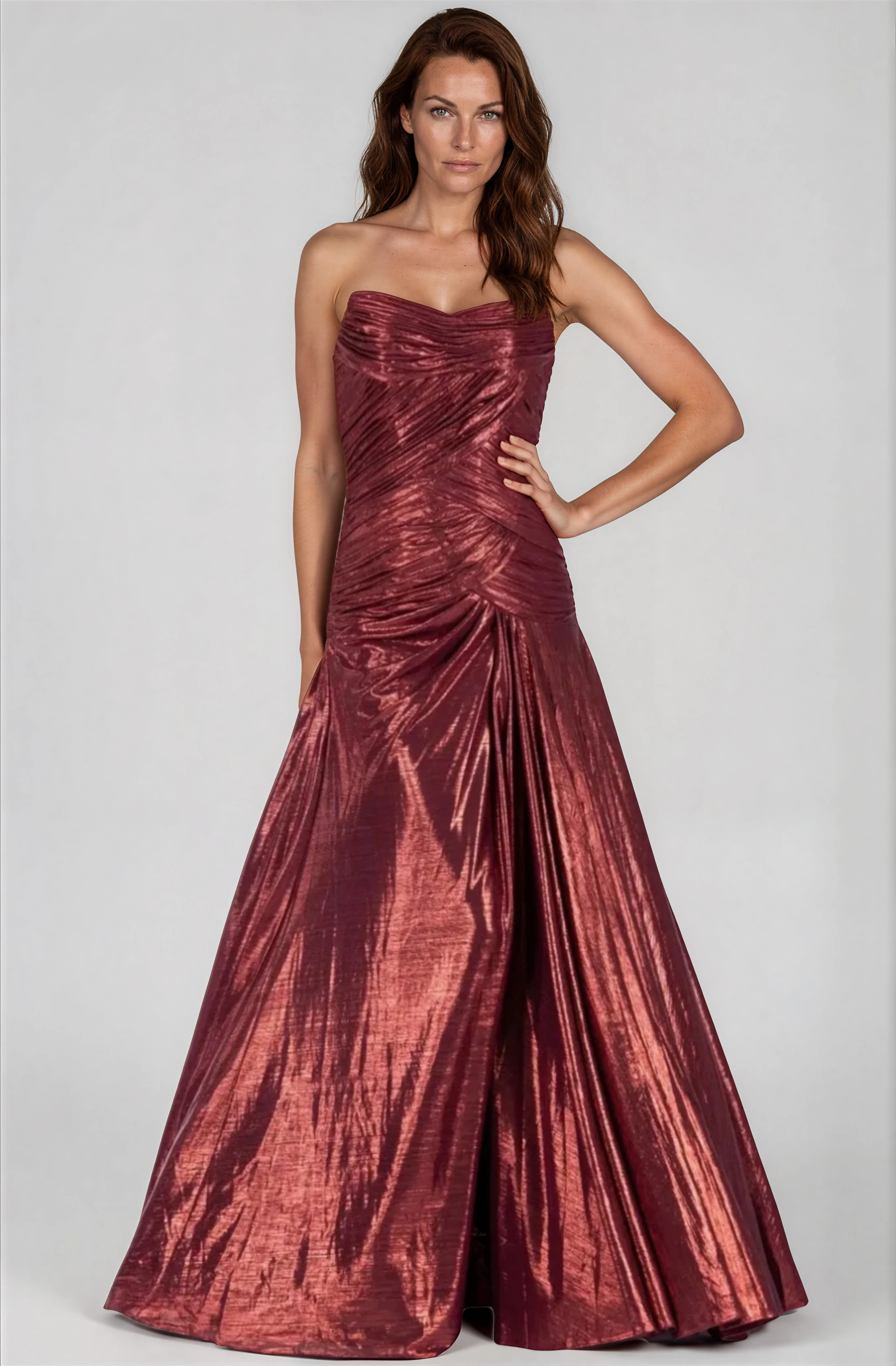 Strapless Hand Draped Metallic Stretch Gown Gown Rene Ruiz Collection 2 Red