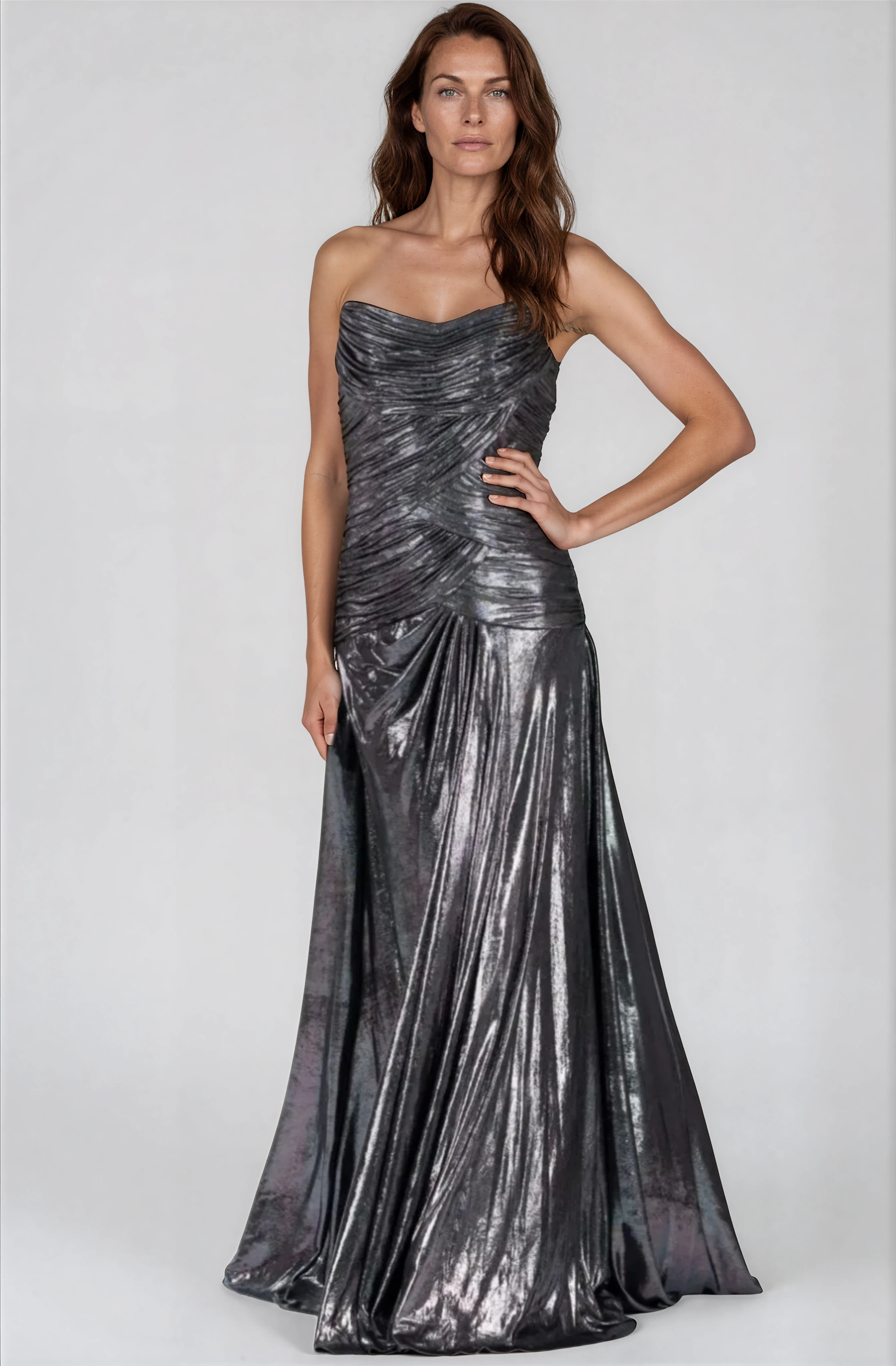 Strapless Hand Draped Metallic Stretch Gown Gown Rene Ruiz Collection 2 Silver