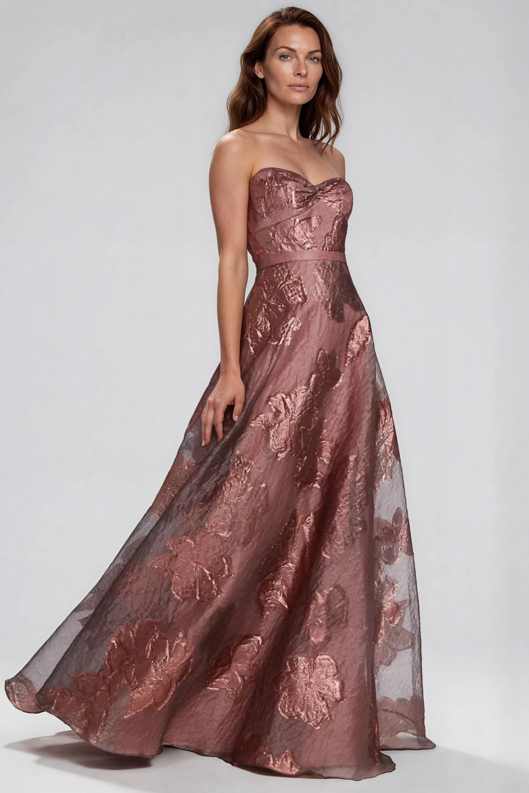 Strapless Metallic Floral Fil Coupe Gown Gown Rene Ruiz Collection