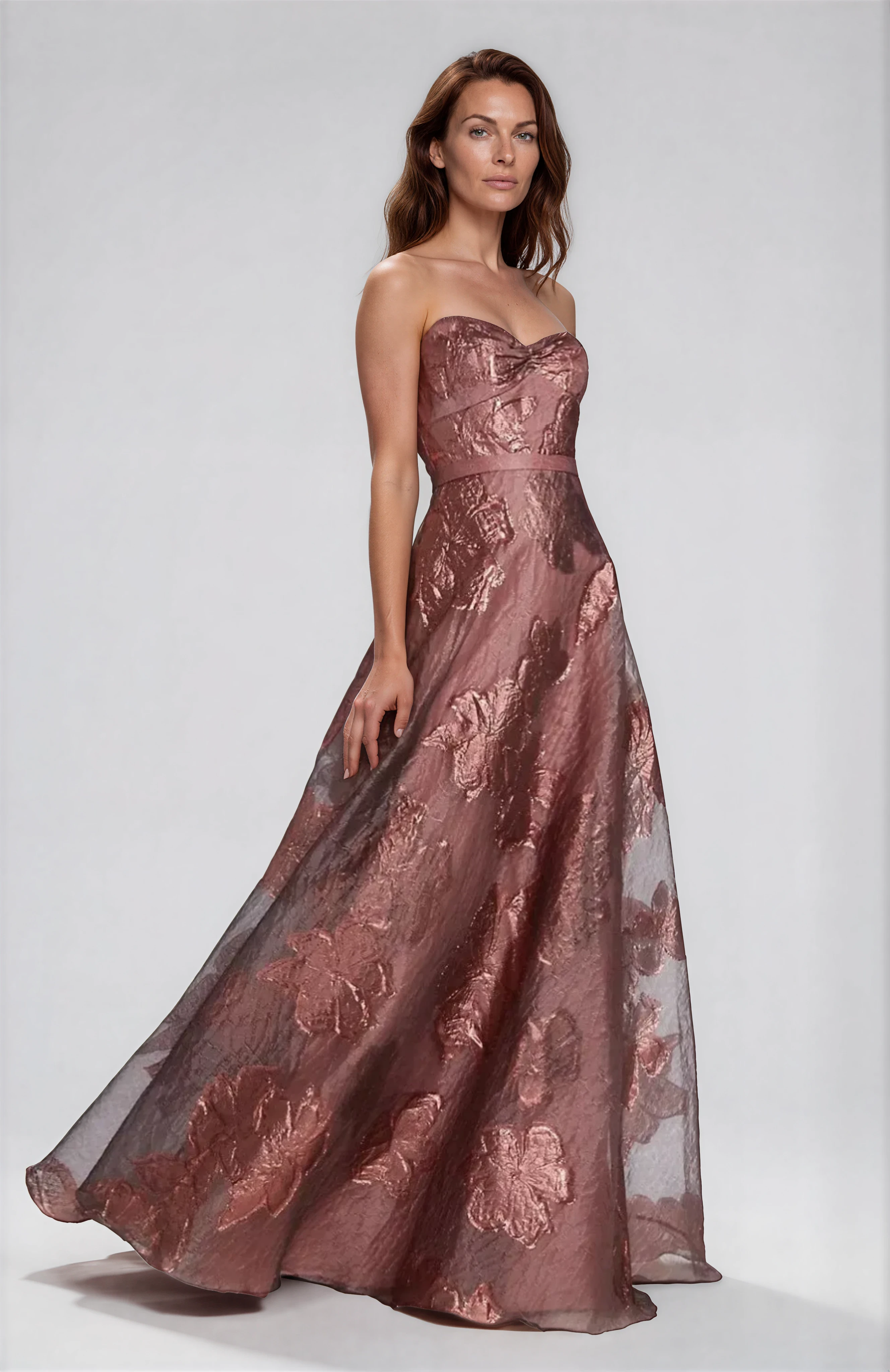 Strapless Metallic Floral Fil Coupe Gown Gown Rene Ruiz Collection
