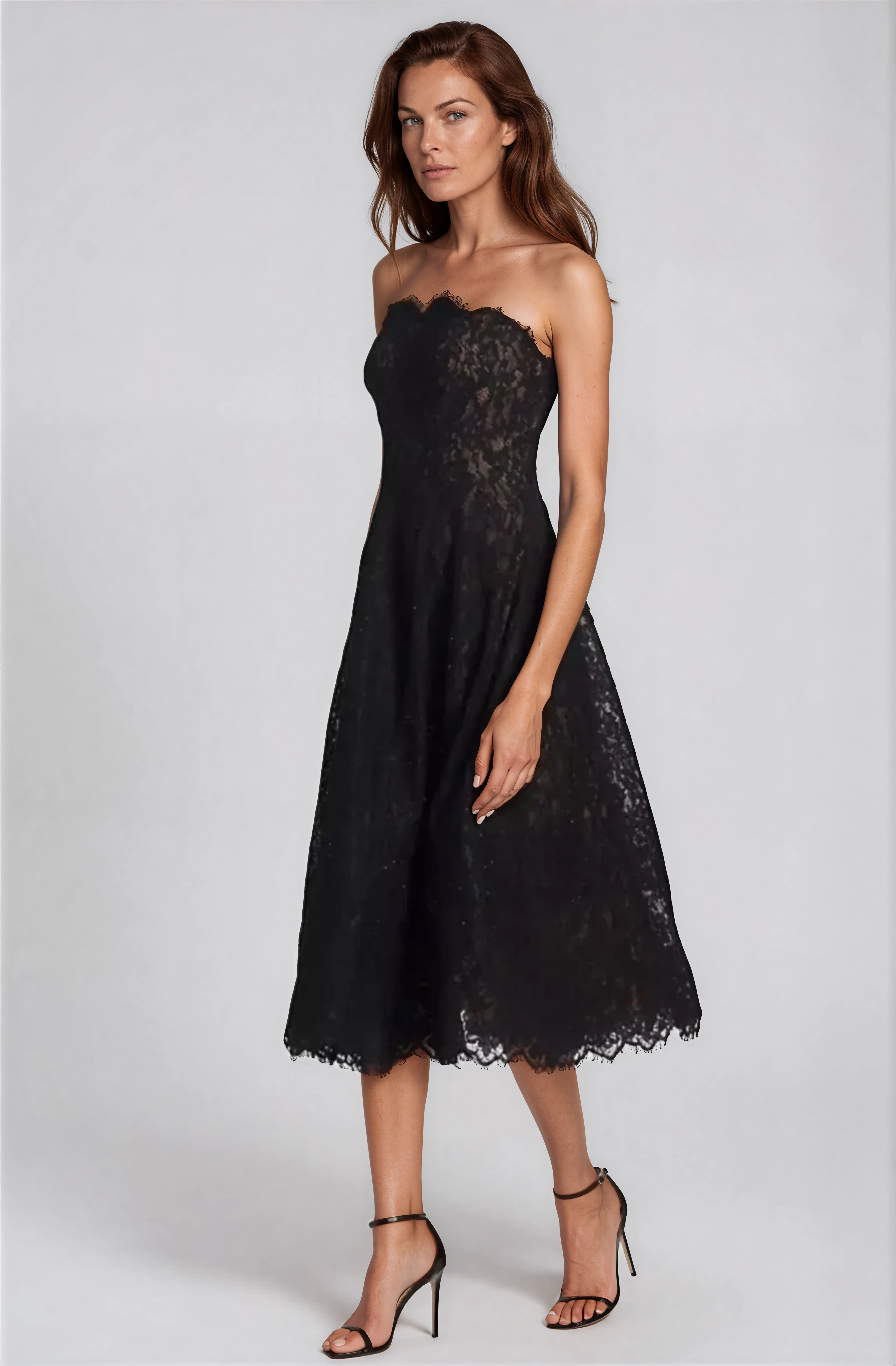 Strapless Scalloped Lace Midi Cocktail Rene Ruiz Collection