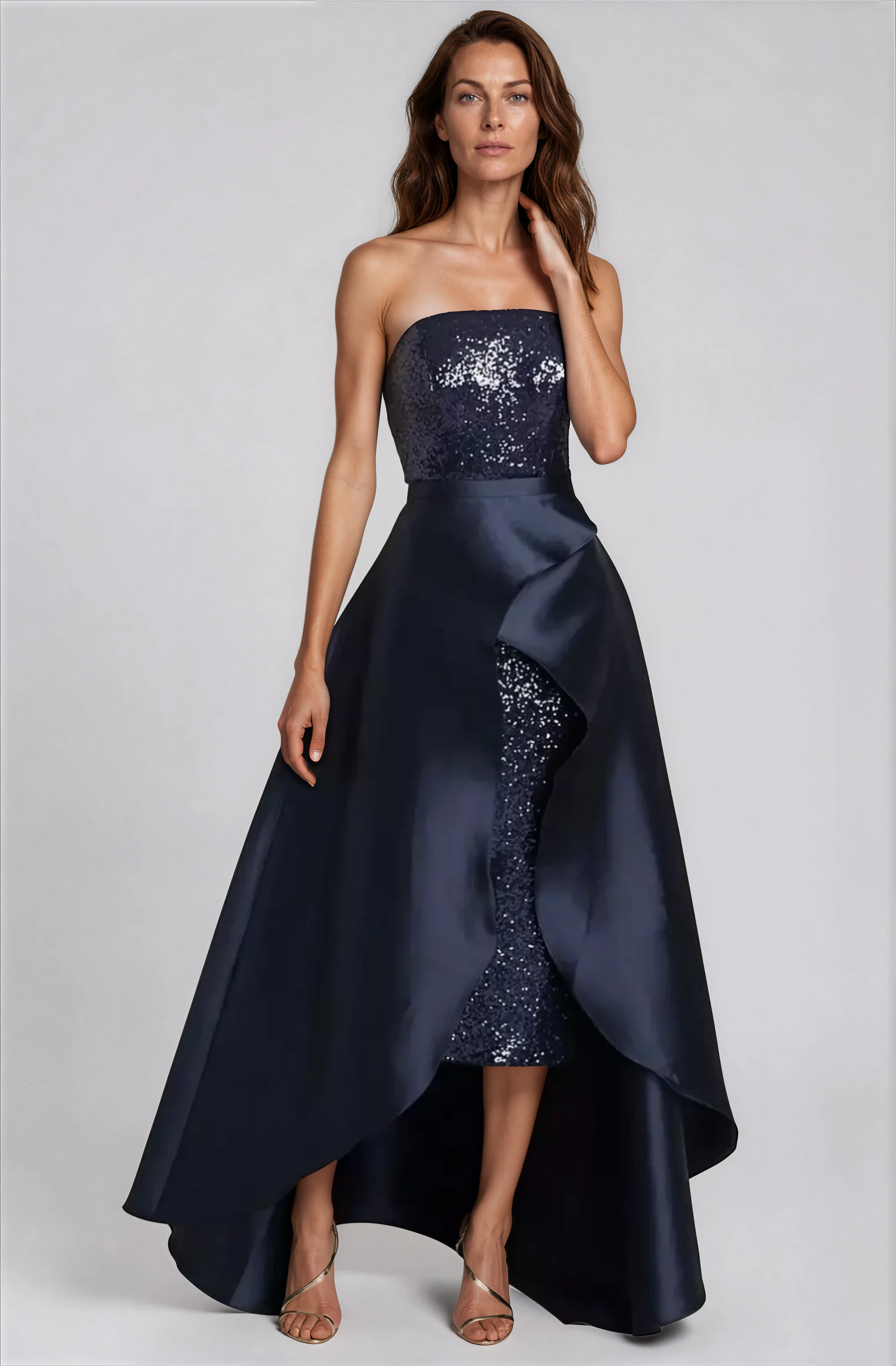 Strapless Sequin Midi With High-Low Removable Skirt Gown Rene Ruiz Collection