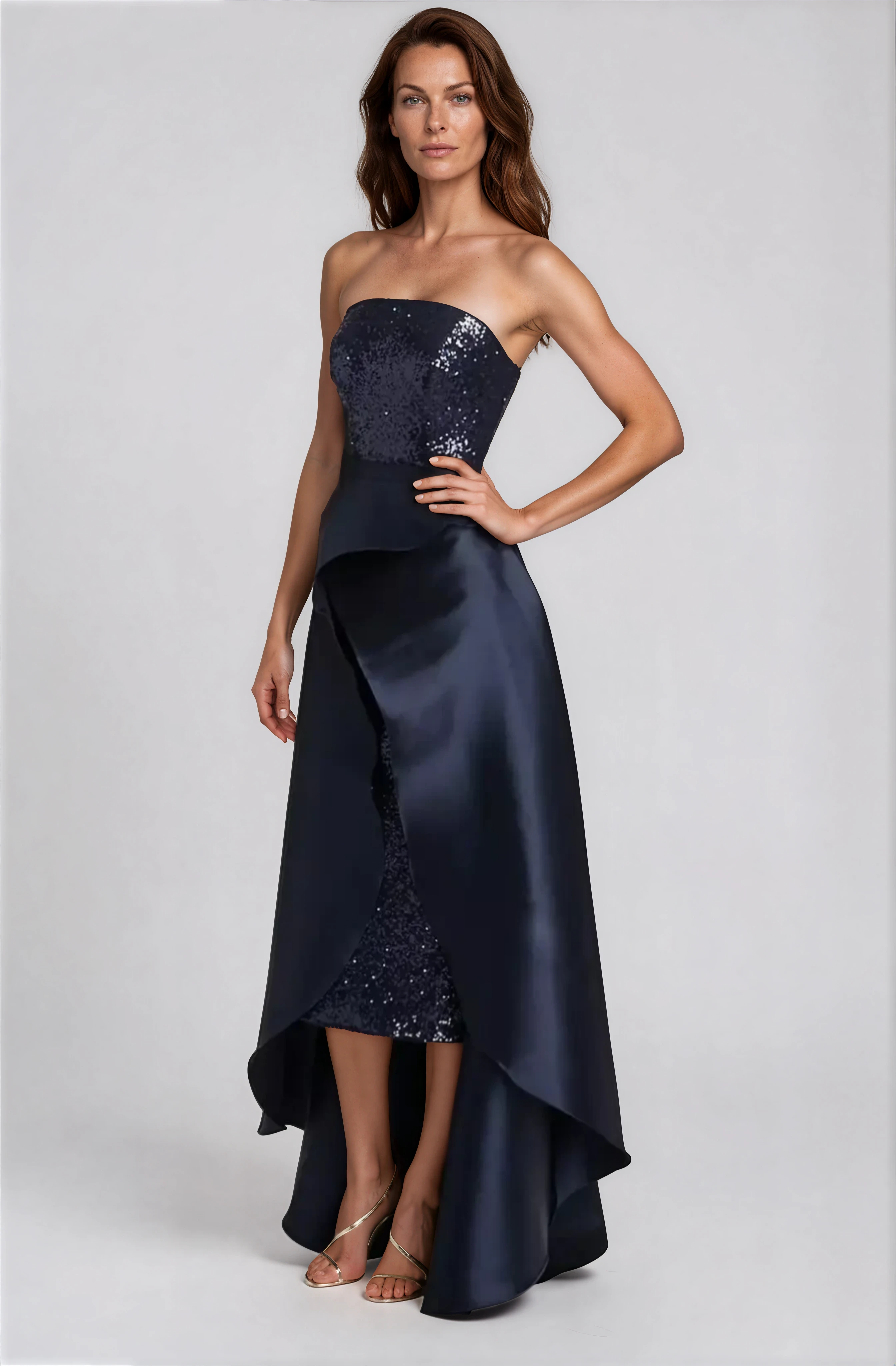 Strapless Sequin Midi With High-Low Removable Skirt Gown Rene Ruiz Collection