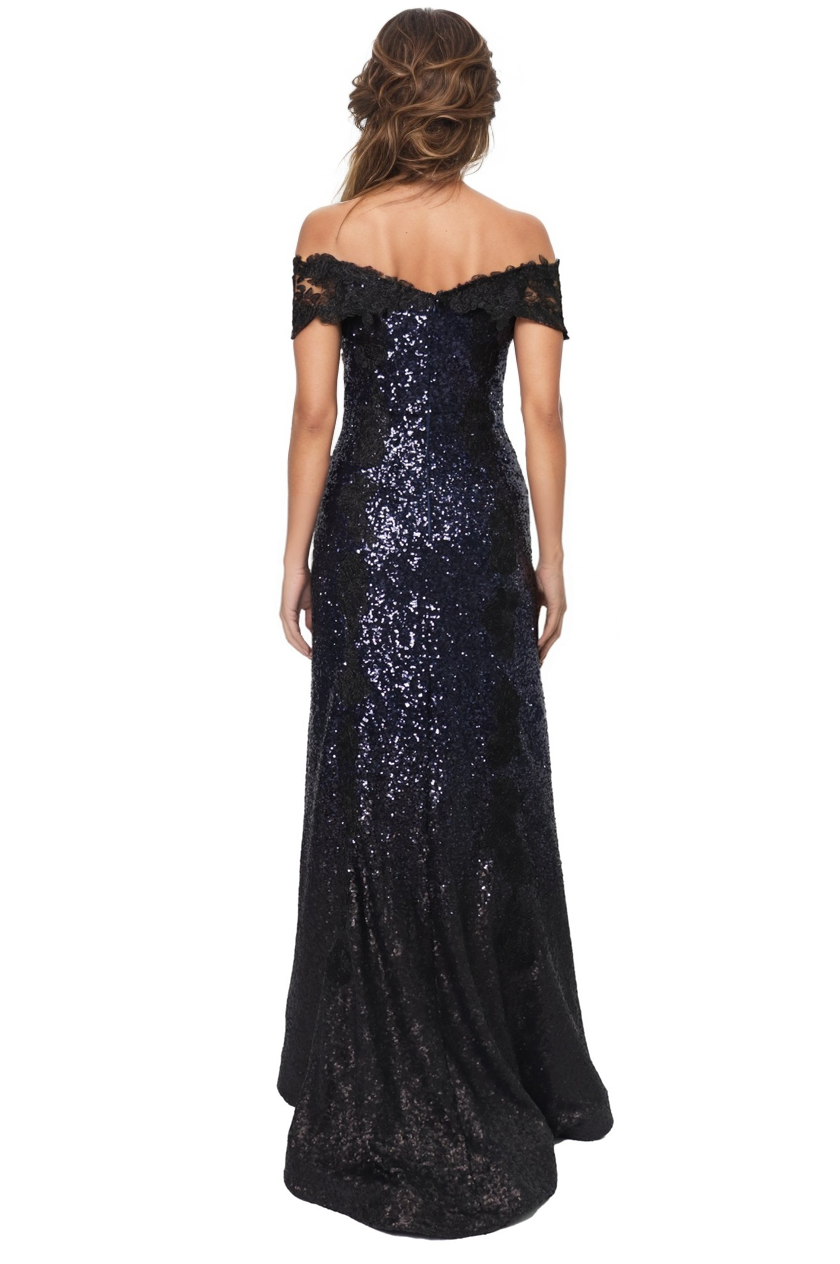 Off The Shoulder Fit and Flare Lace Sequin Gown  