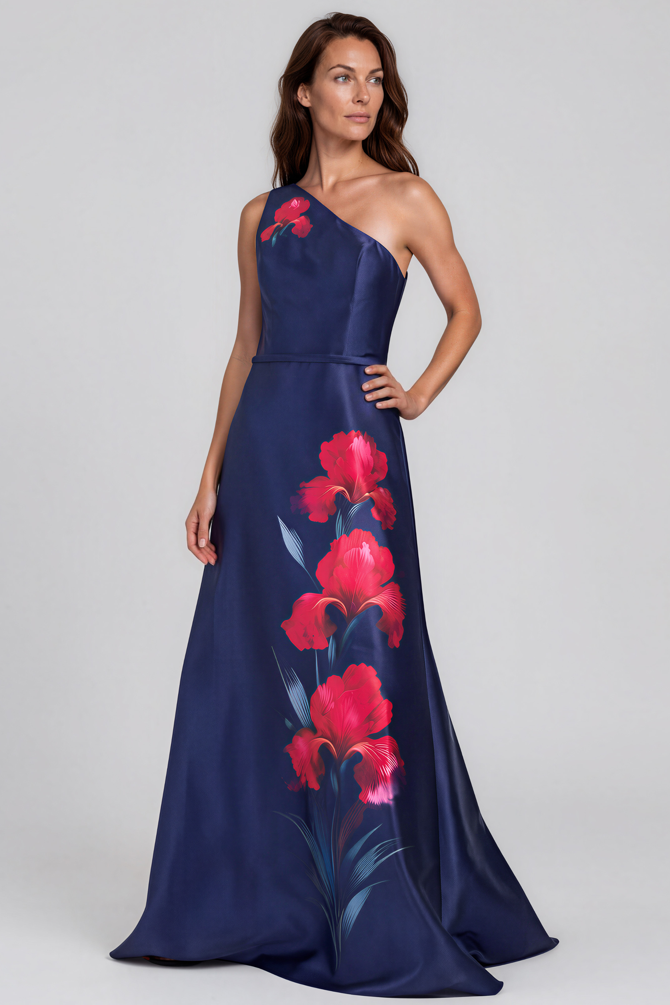 One Shoulder Floral Mikado A-Line Gown Gown Rene Ruiz Collection