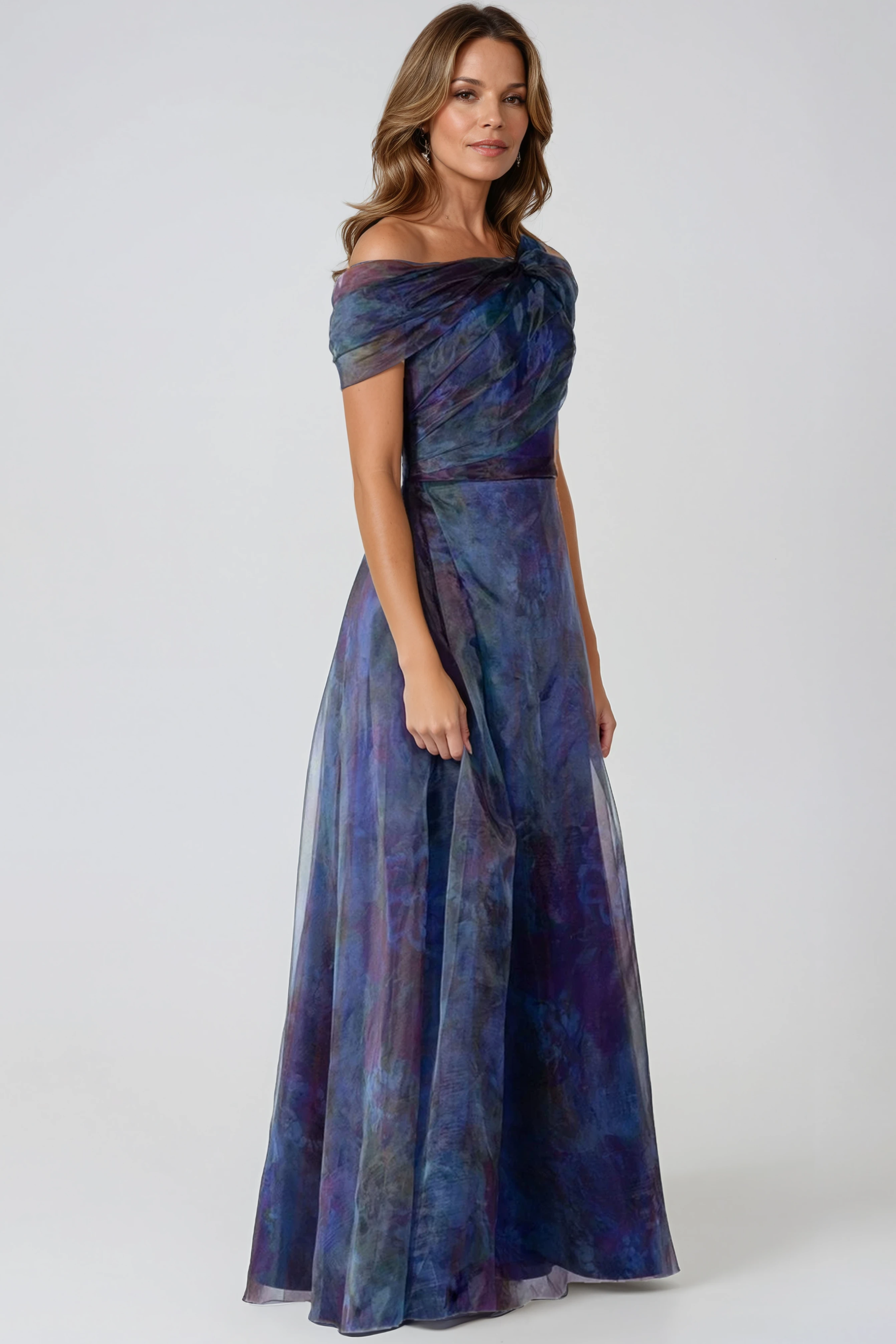 open lace back dress Off Shoulder Navy Blue Cady Evening Dress, Triple Off-white Organza Bo –  Gattinolli by Marwan main image 0