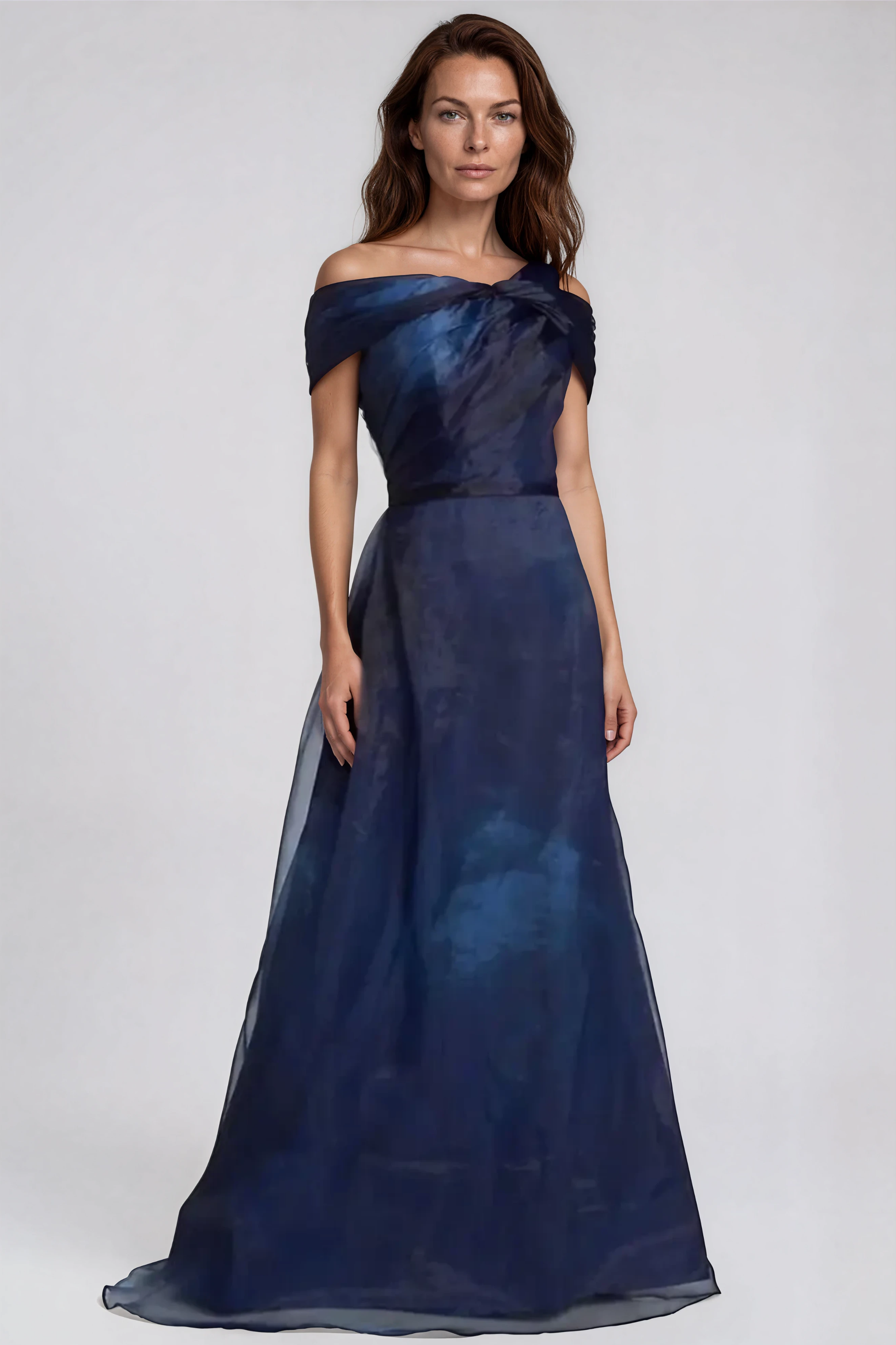 Twisted Off The Shoulder Organza Gown Gown Rene Ruiz Collection Navy