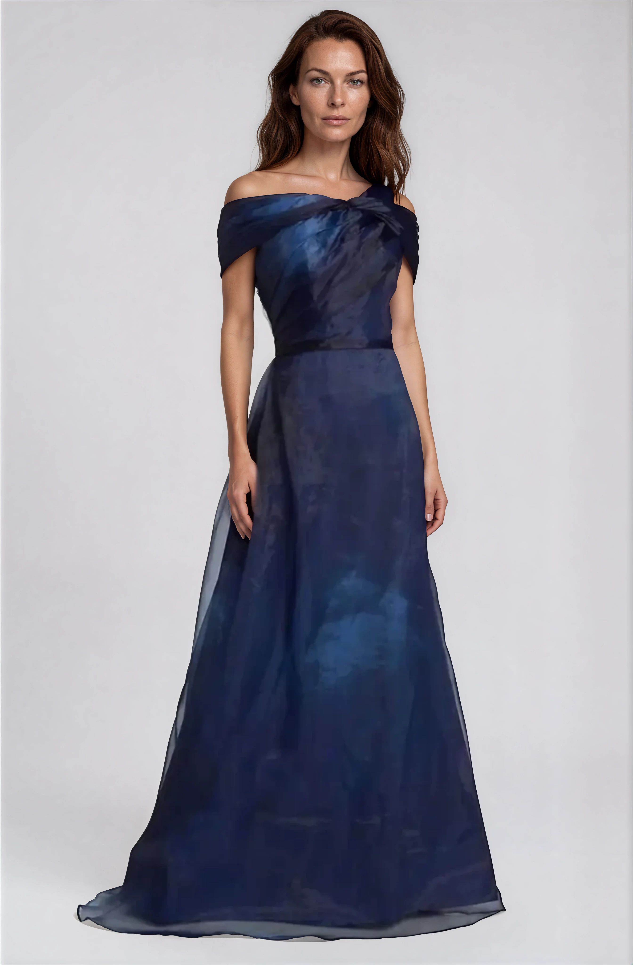 Twisted Off The Shoulder Organza Gown Gown Rene Ruiz Collection Navy