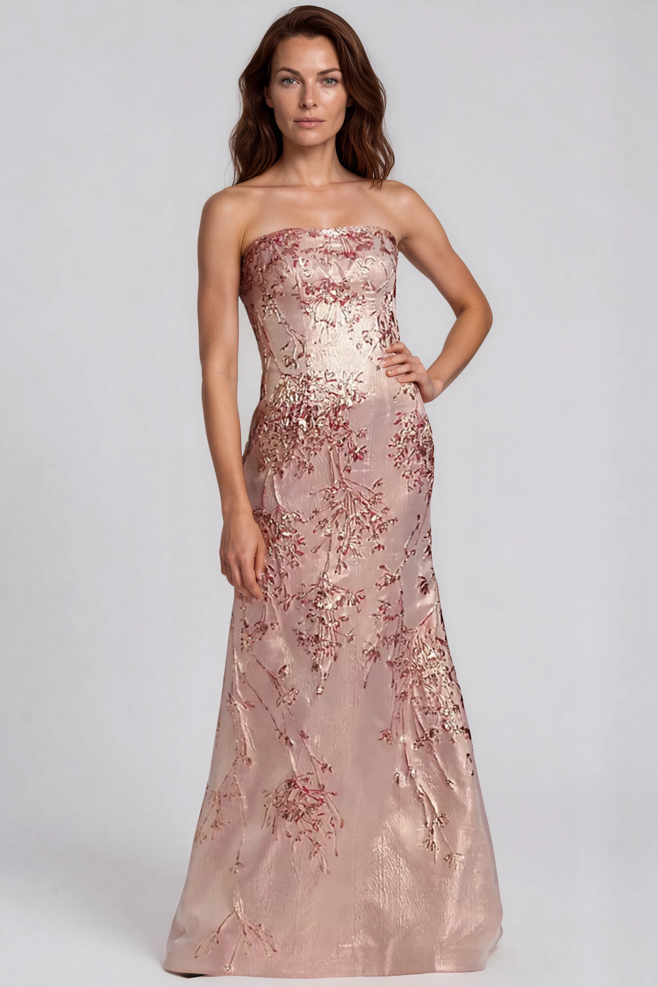 Strapless Fit and Flare Brocade Gown Gown Rene Ruiz Collection