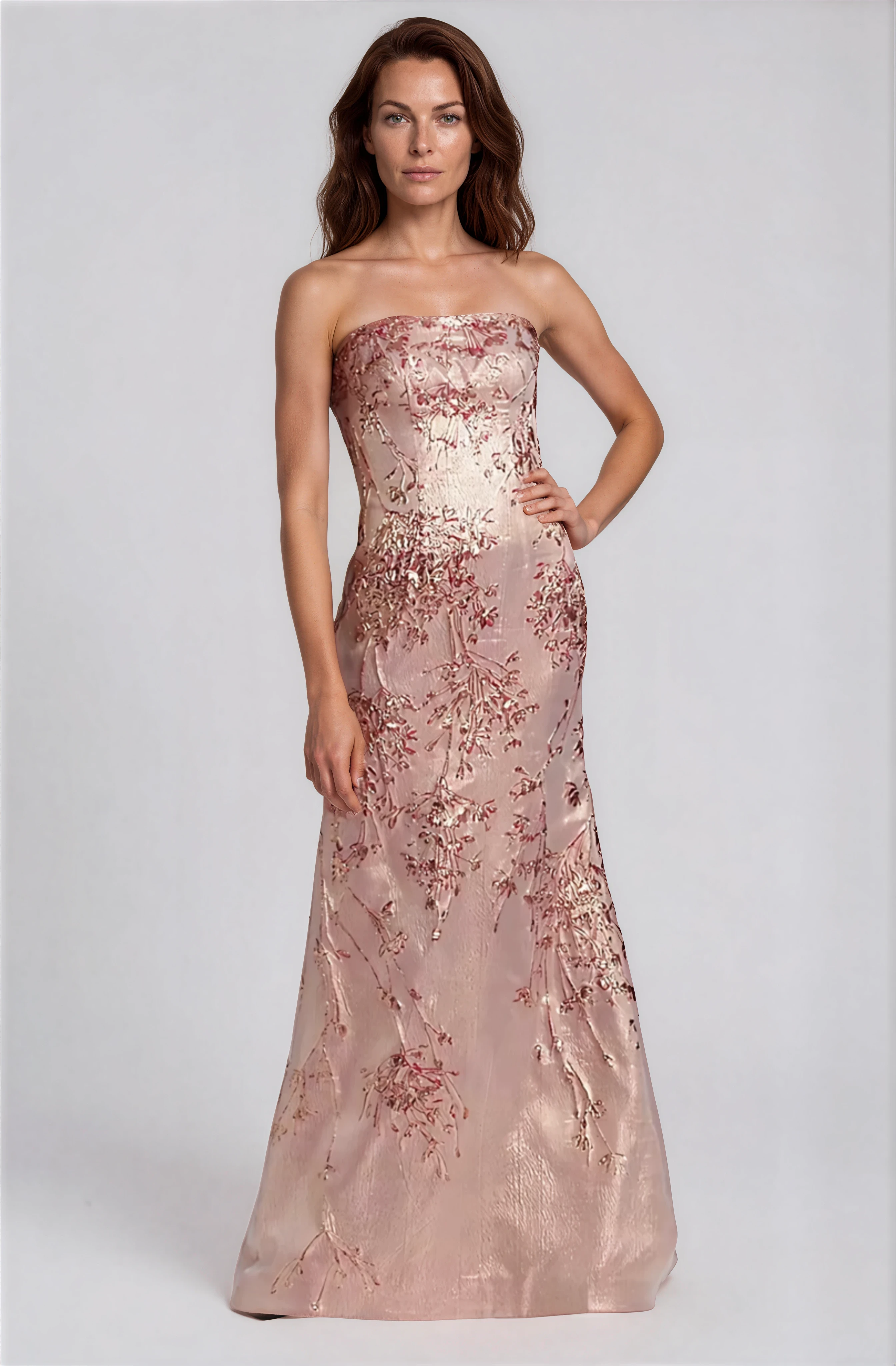 Strapless Fit and Flare Brocade Gown Gown Rene Ruiz Collection
