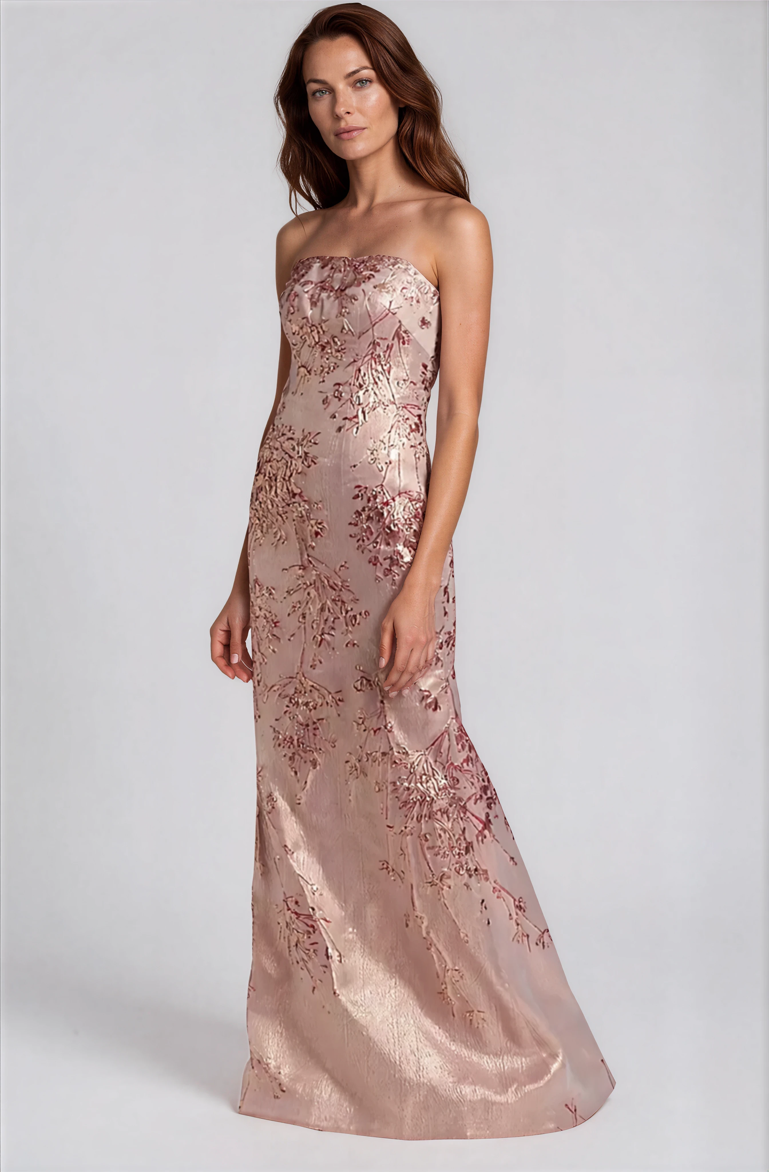 Strapless Fit and Flare Brocade Gown Rene Ruiz Collection Pink
