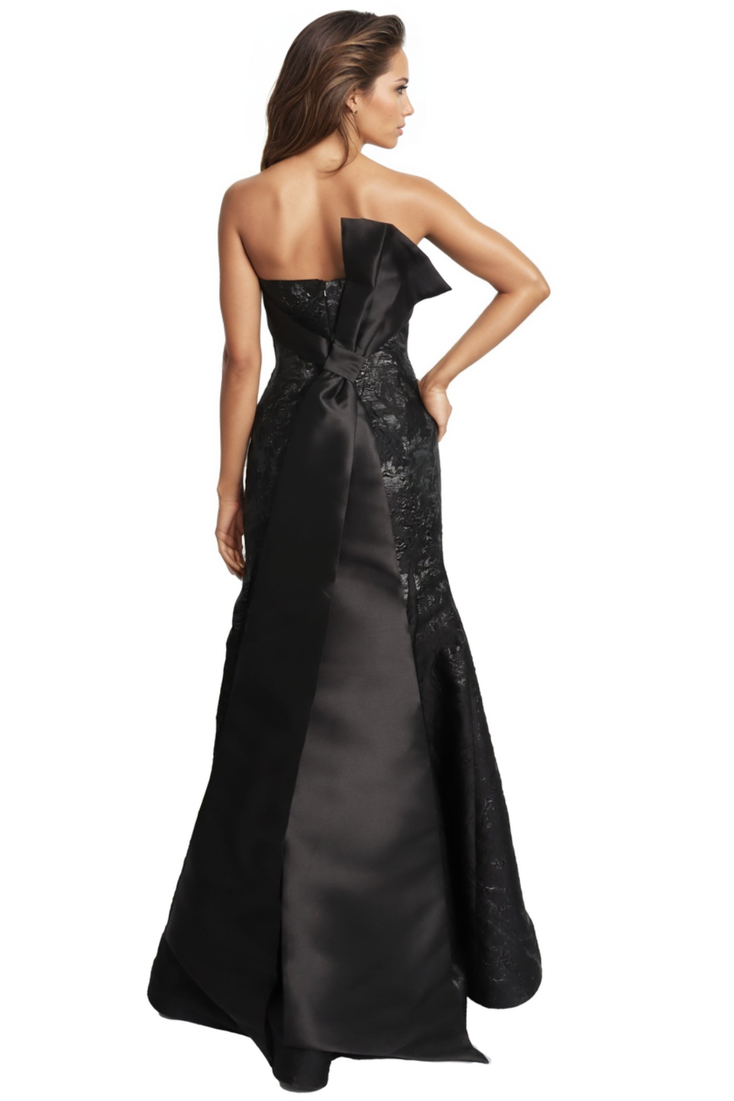 Strapless Brocade Fit and Flare Gown With Satin Sash Detail  