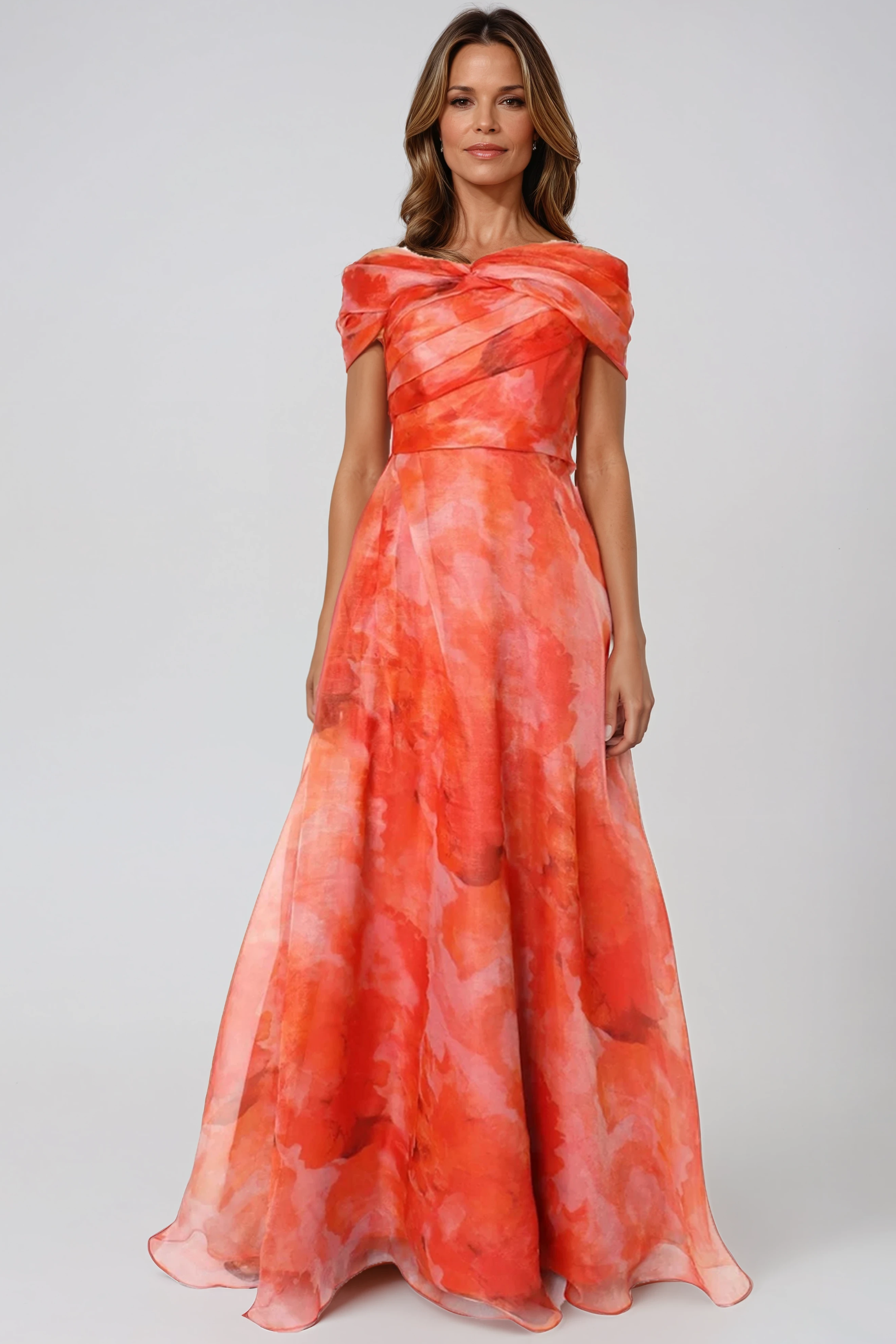 Twisted Off The Shoulder Organza Gown Gown Rene Ruiz Collection Persimmon