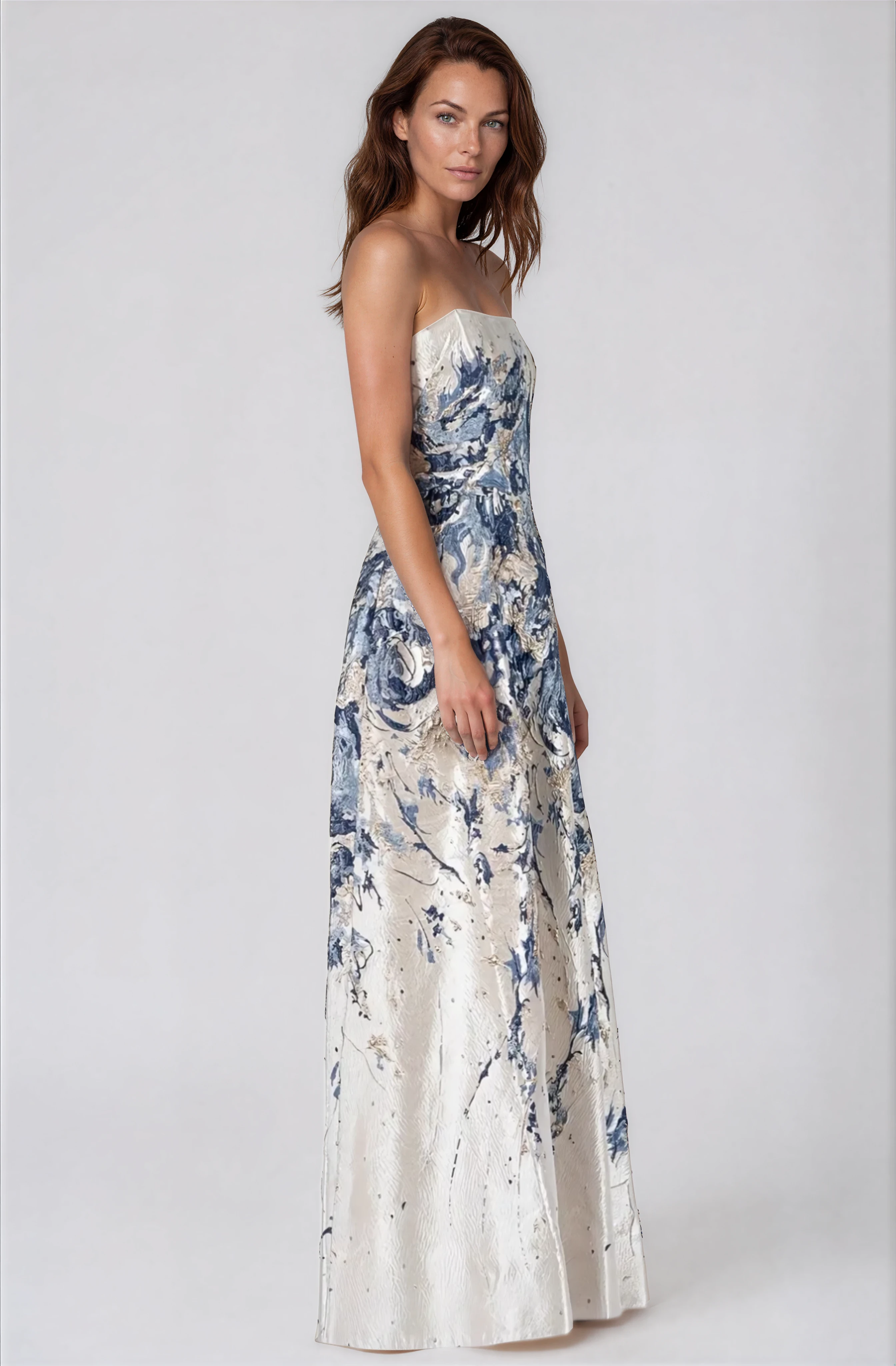 Strapless Boarder Print Brocade A-Line Gown (boca stock) Gown Rene Ruiz Collection
