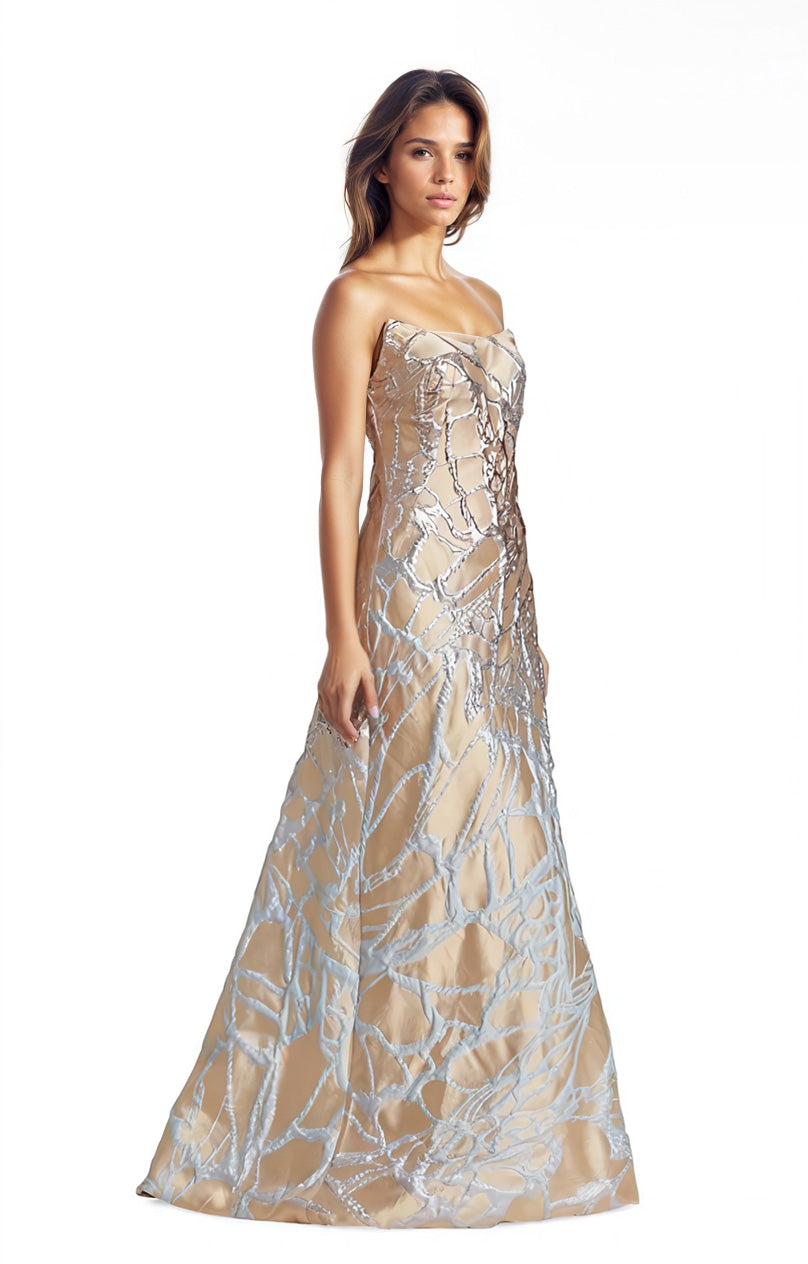 Strapless Abstract Metallic Jacquard Gown  