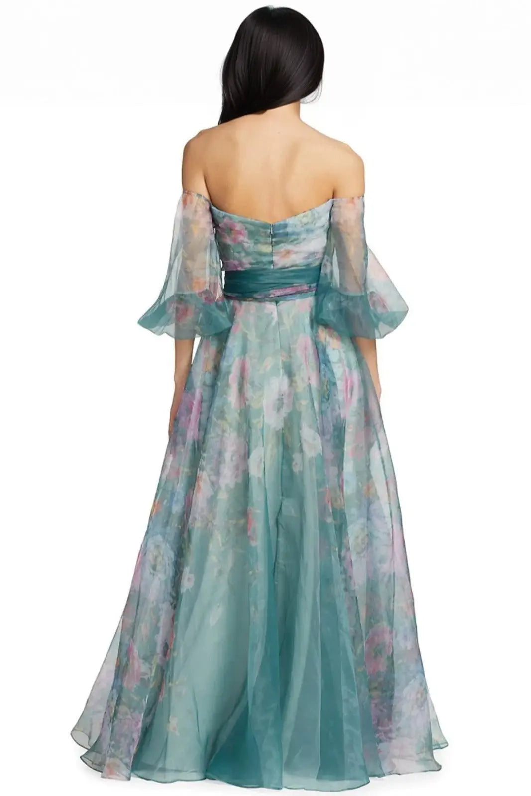3/4 Puff Sleeve Organza Gown  