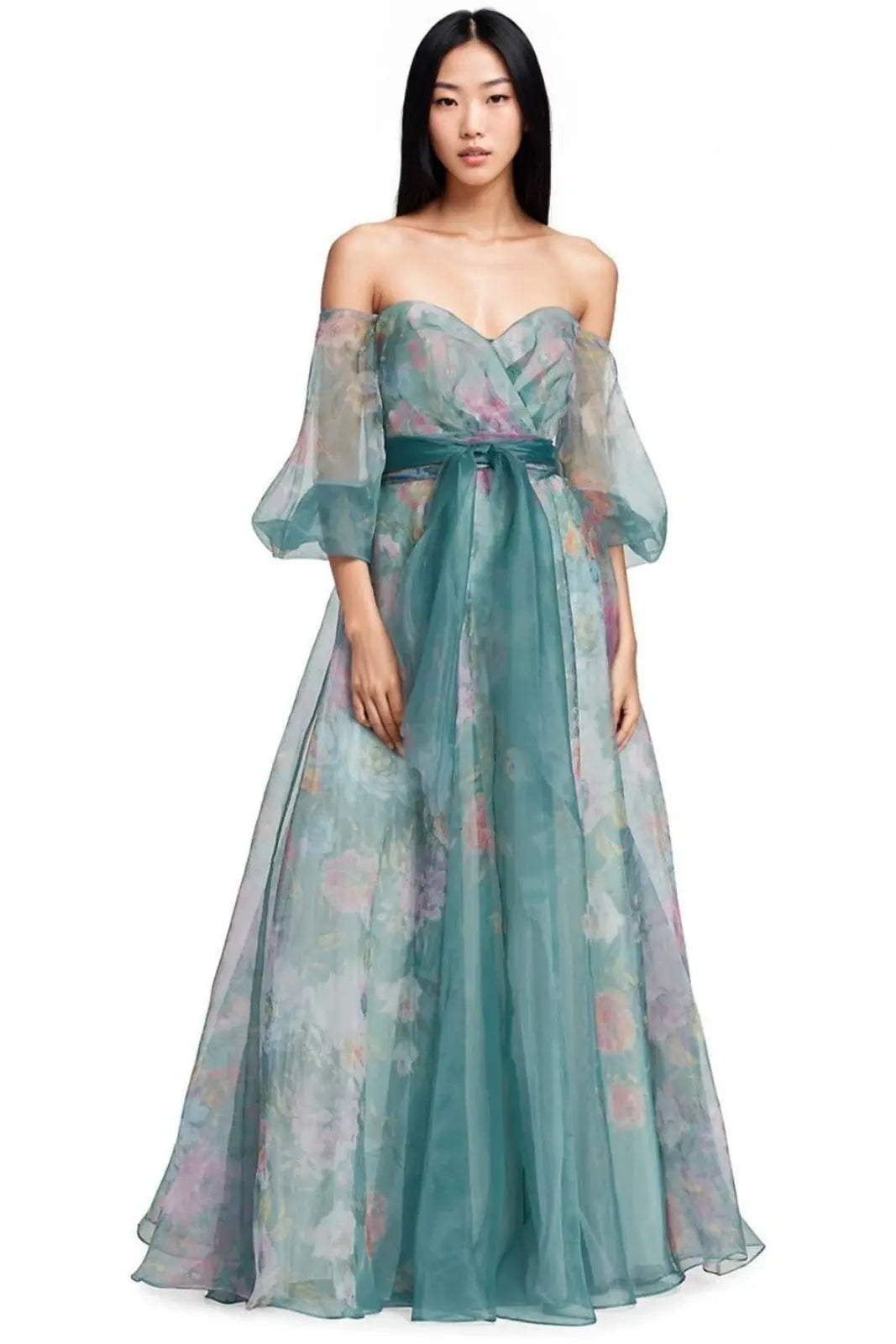 3/4 Puff Sleeve Organza Gown Blue 