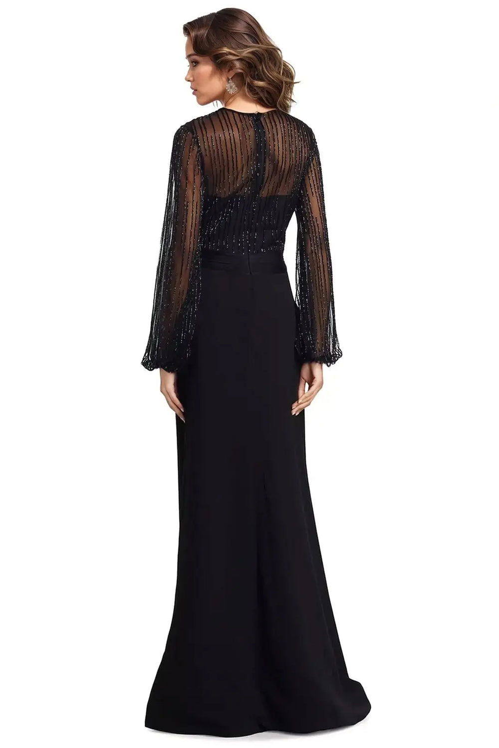 CD846
BEADED BLACK SILVER FIT & FLARE GOWN