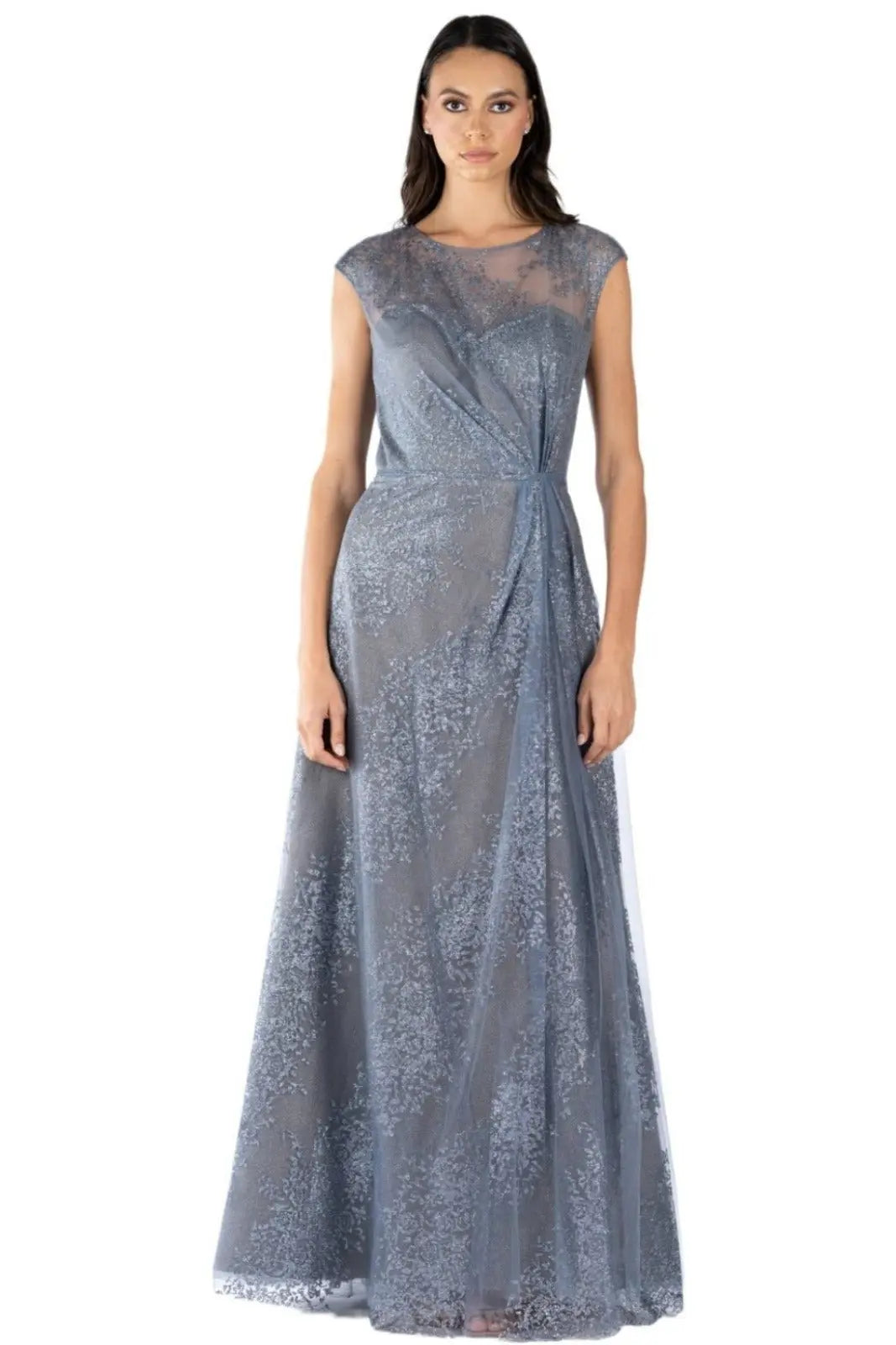 Cap Sleeve Illusion Gown Slate Blue 