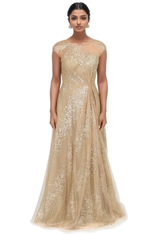 Cap Sleeve Illusion Gown Gold 