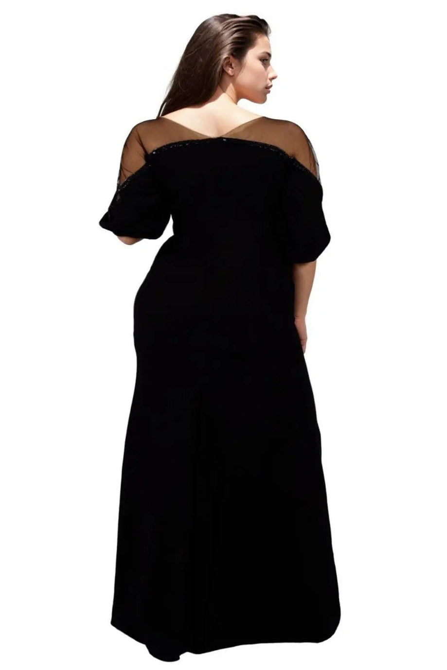 Crepe Column Illusion Gown with Puff Sleeve Gown Rene Ruiz Collection