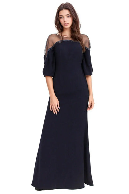 Crepe Column Illusion Gown with Puff Sleeve Navy 