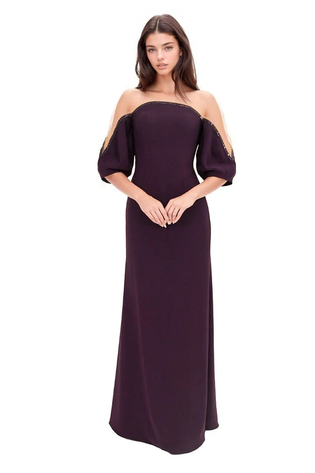 Crepe Column Illusion Gown with Puff Sleeve Plum 