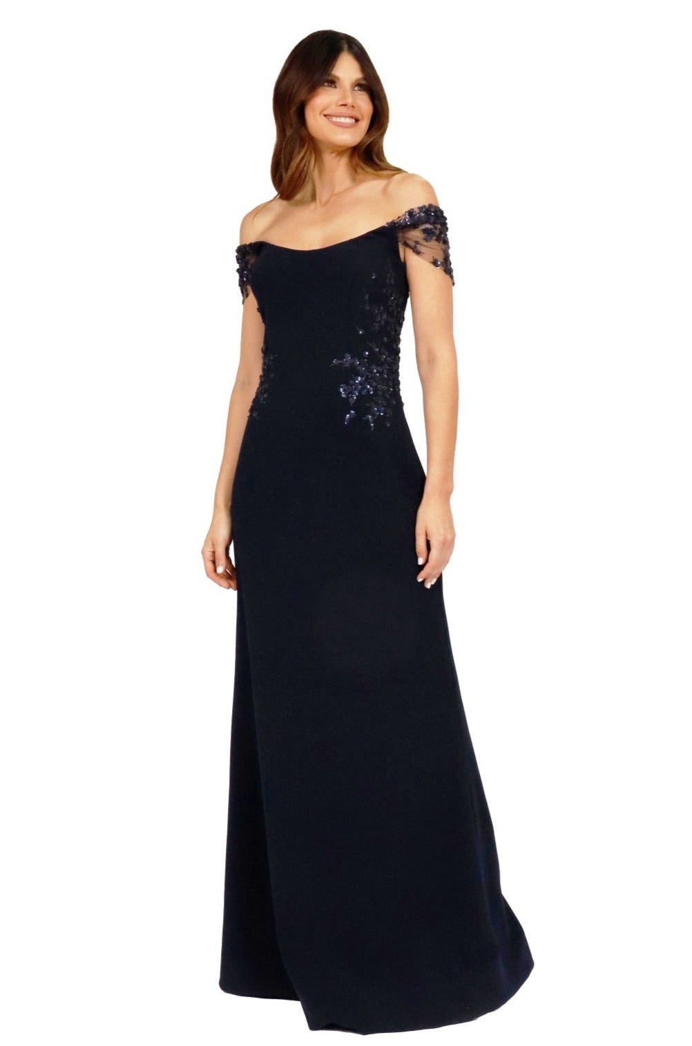 Crepe Gown with Floral Applique  