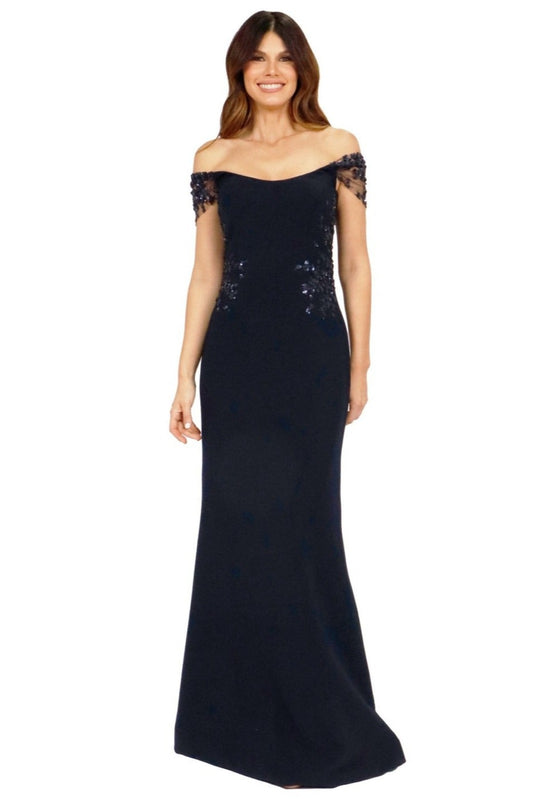 Crepe Gown with Floral Applique  
