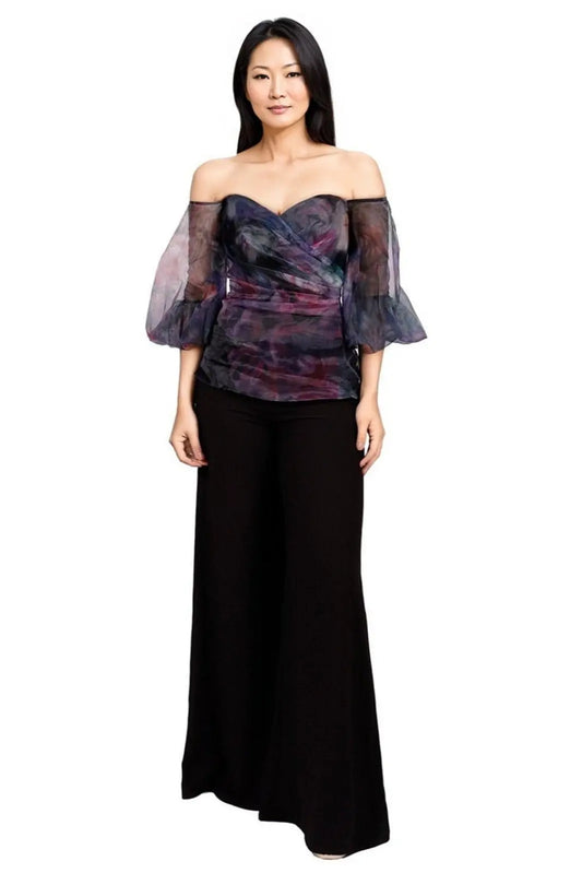 Hand Draped Printed Organza Puff Sleeve Bustier  