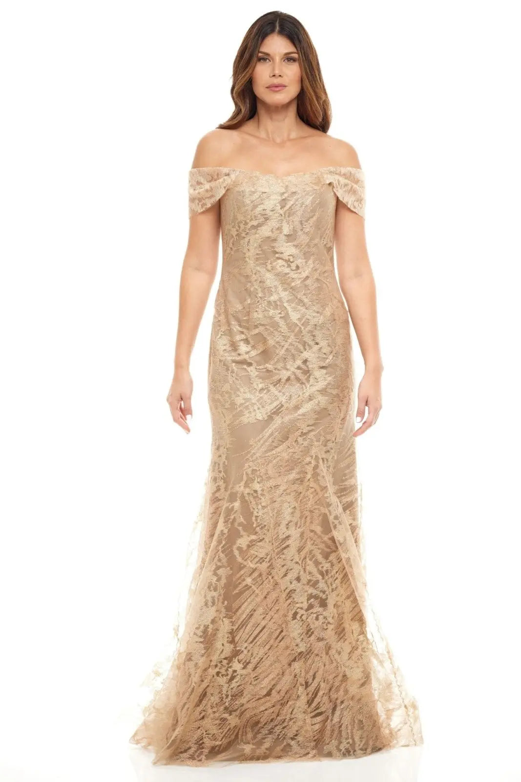 Off the Shoulder Fit and Flare Gown Gold 