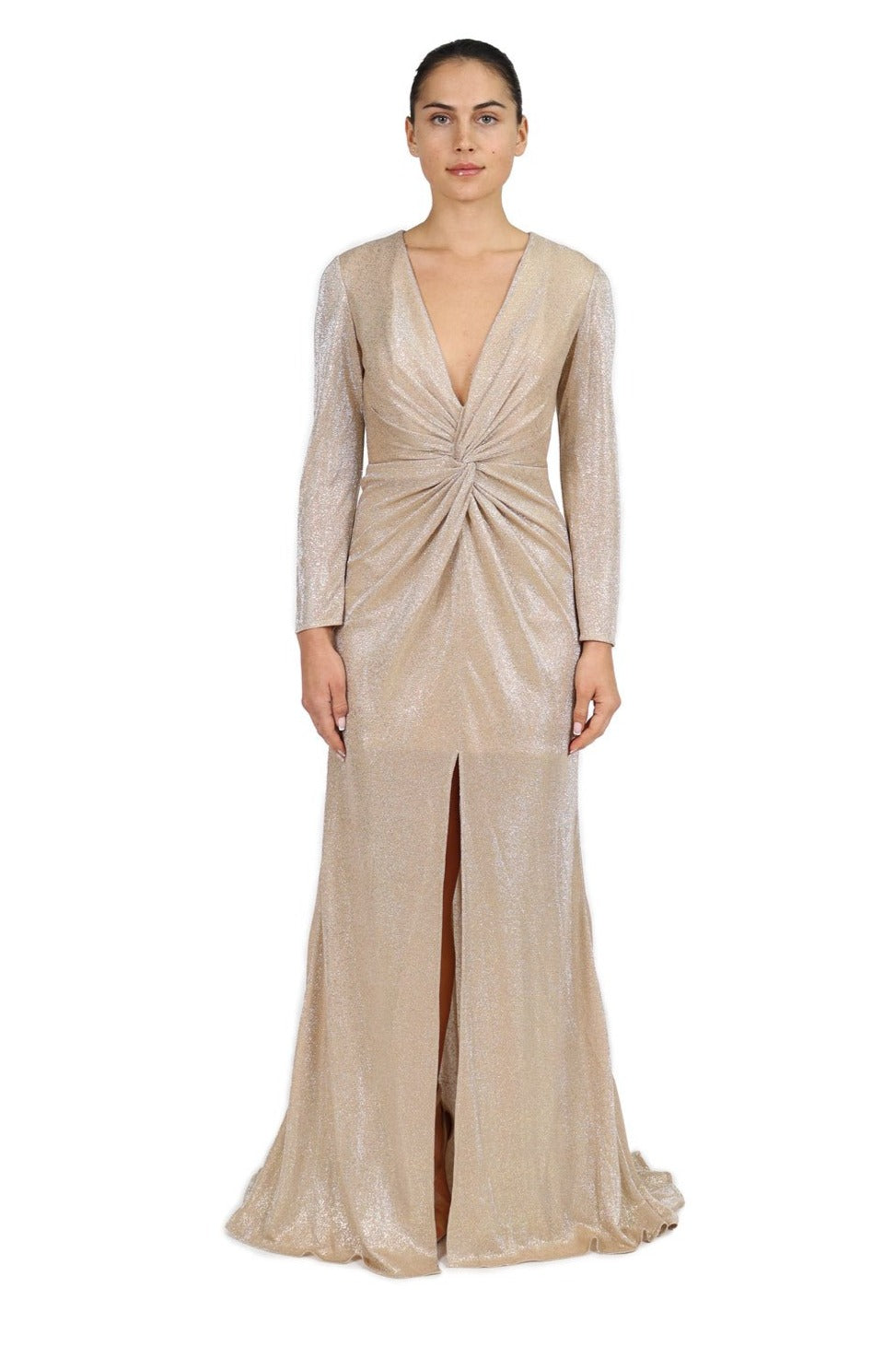 Long Sleeve Draped Gown Gold 