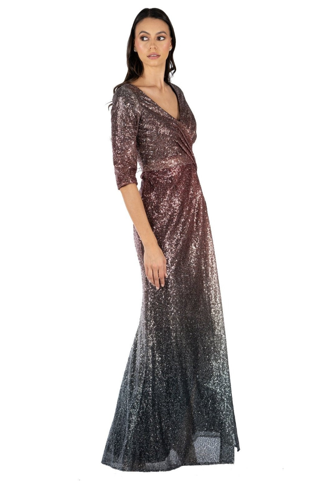 Long Sleeve Draped Sequin Gown  