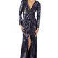 Long Sleeve Stretch Draped Sequin Gown with Slit  