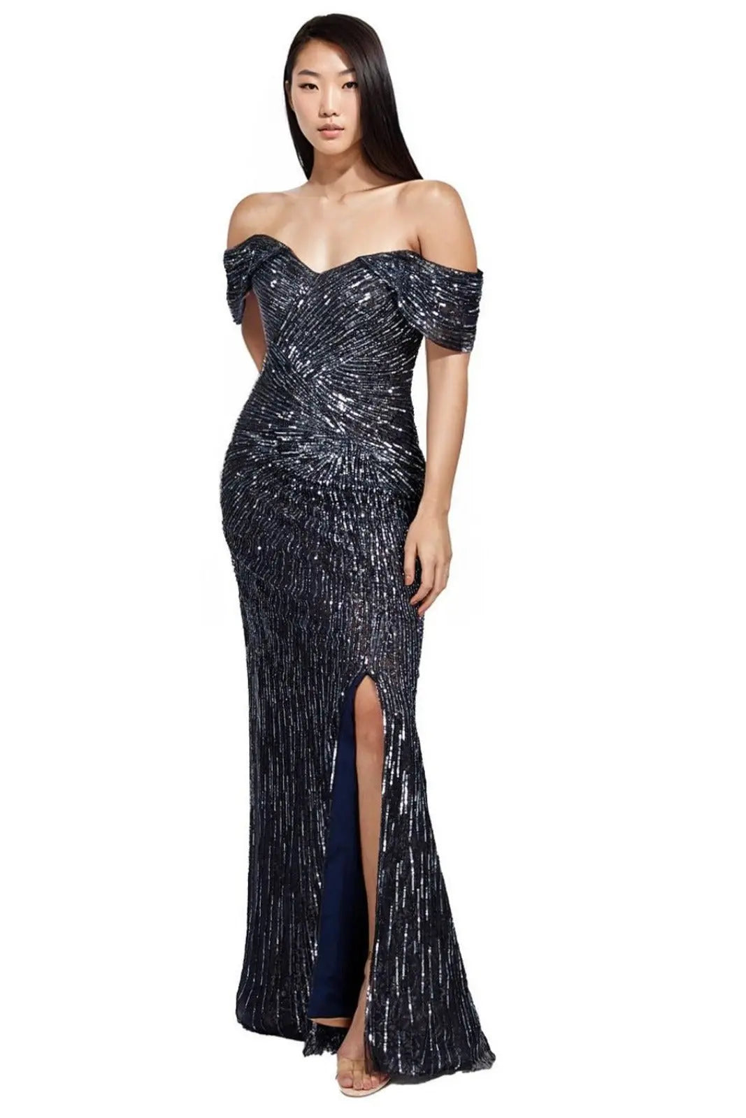 Off The Shoulder Beaded Gown Navy 