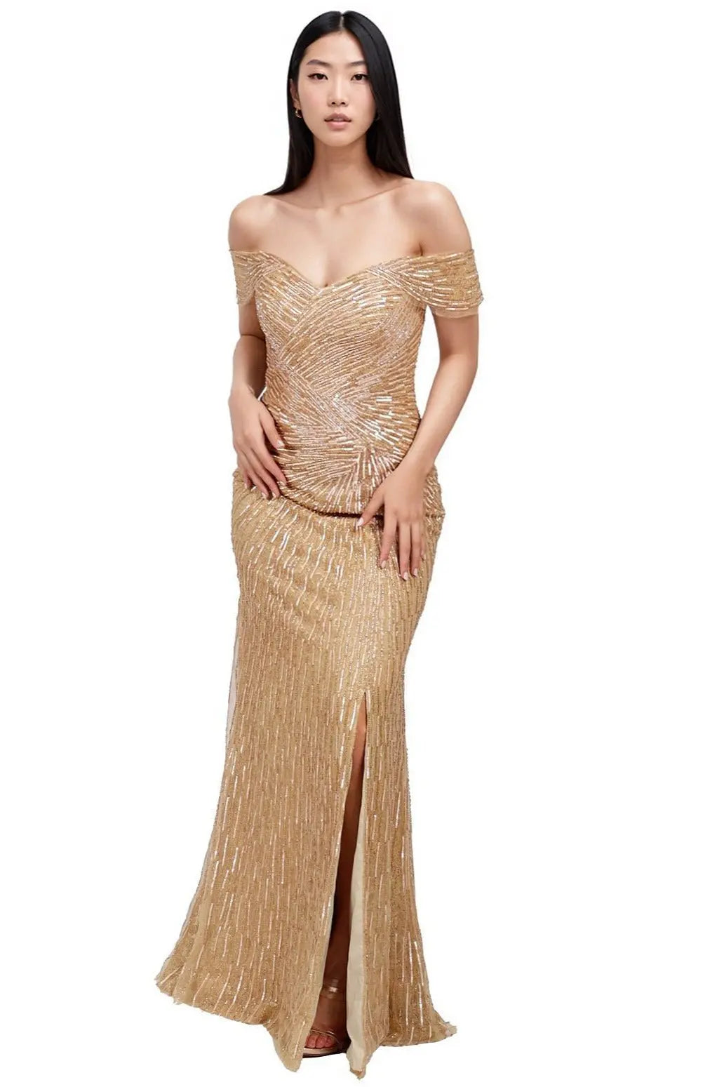 Off The Shoulder Beaded Gown Gold 