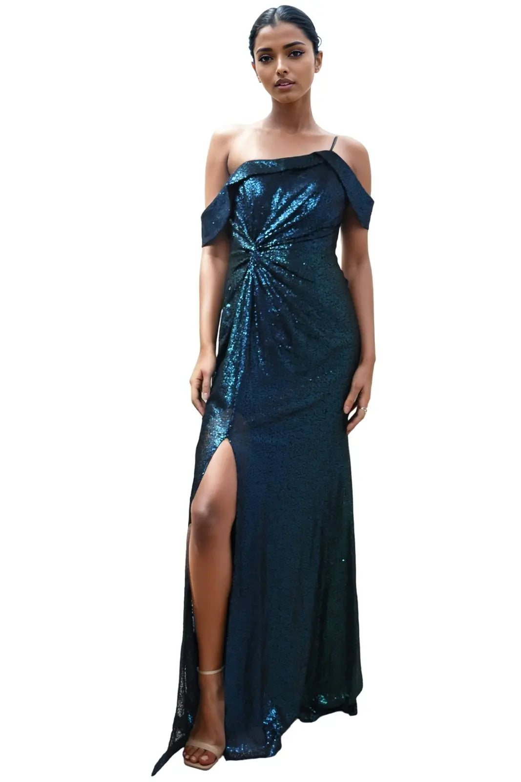 Off The Shoulder Front Twisted Sequin Gown  