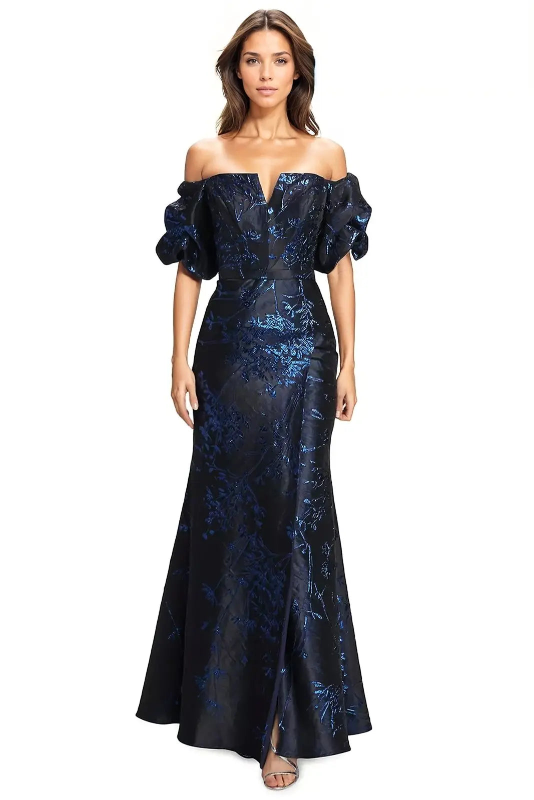 Off The Shoulder Puff Sleeve Brocade Gown  