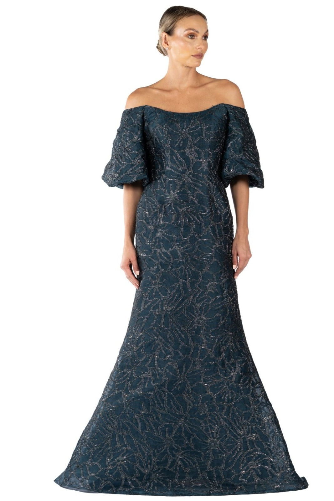 Off The Shoulder Puff Sleeve Gown Teal 