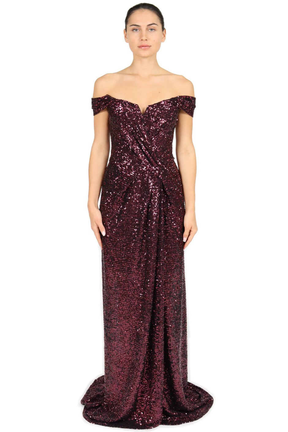 Off The Shoulder Sequin Gown Plum