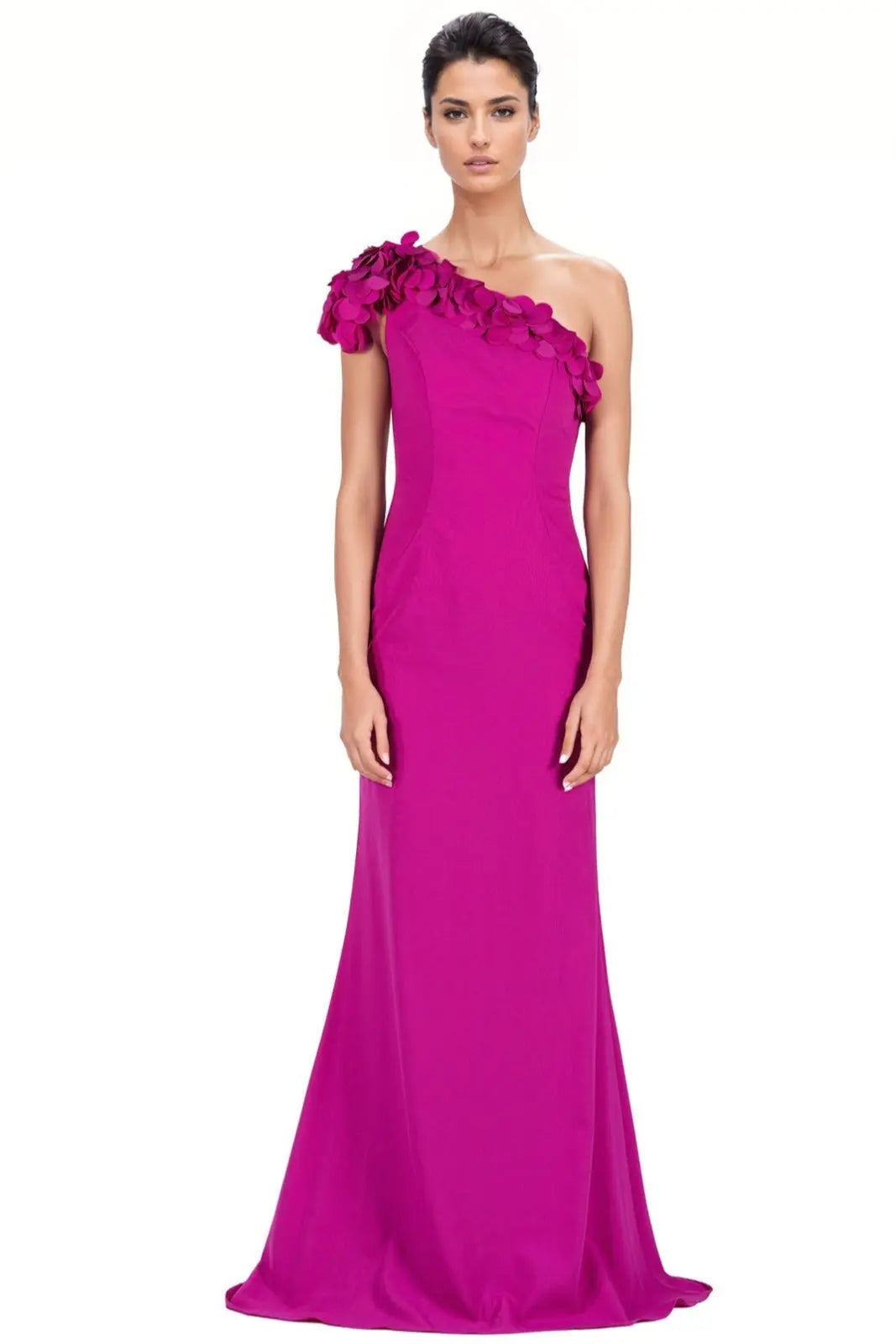 One Shoulder Fit and Flare Scuba 3D Applique Gown Fuchsia 