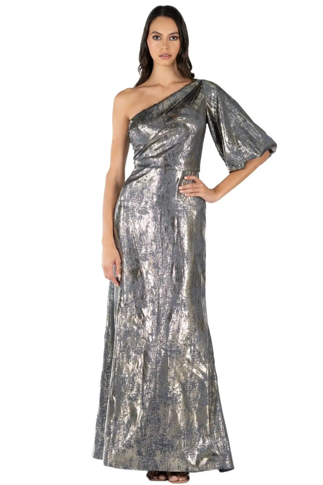 One Shoulder Puff Sleeve Gown Pewter 