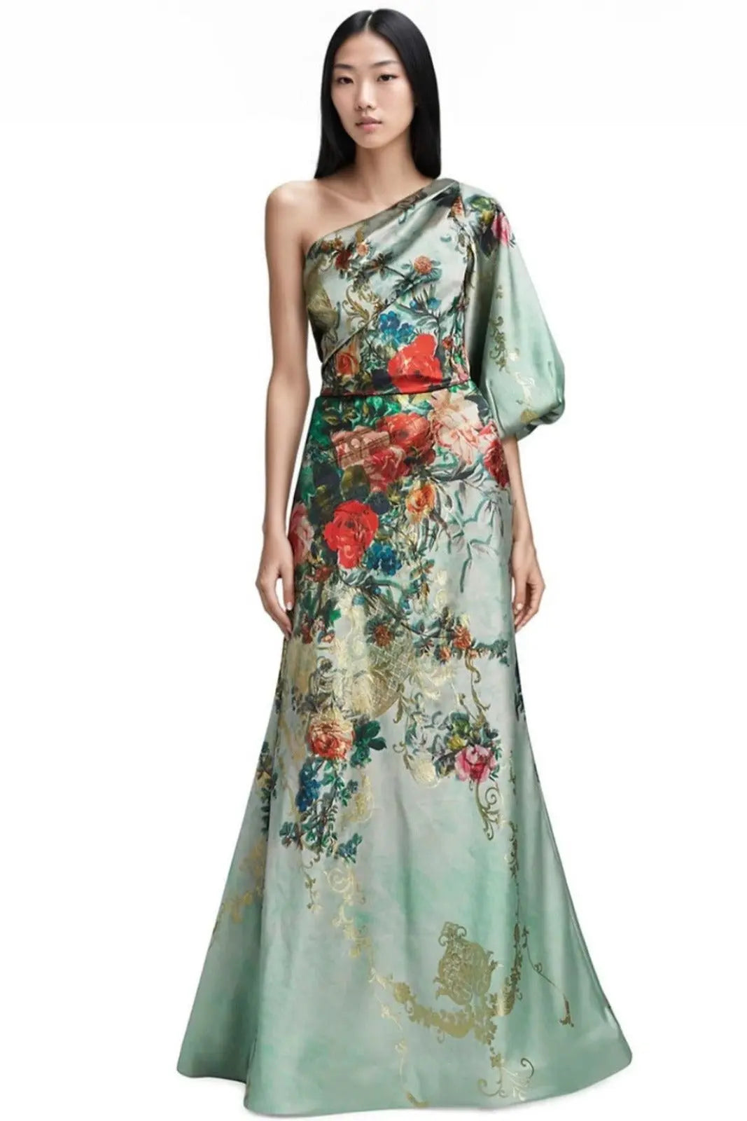 One Shoulder Puff Sleeve Gown Mint Multi 