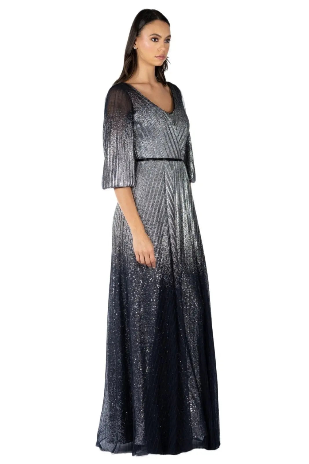Pleated 3/4 Sleeve Ombre Gown  